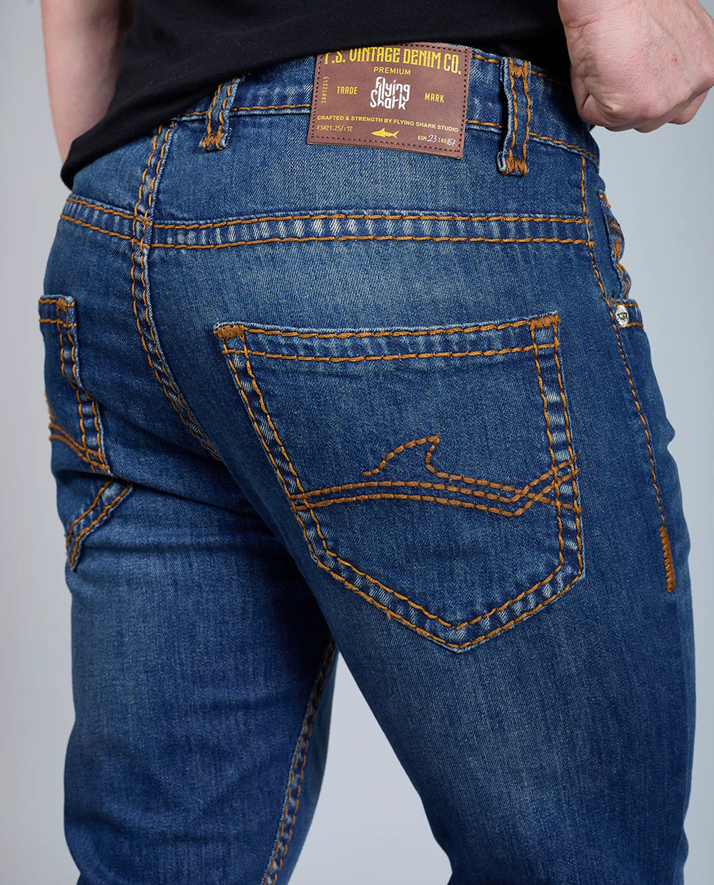 Men's Rusty Blue Bootcut Saddle Stitch Denim Jeans Flying Shark
