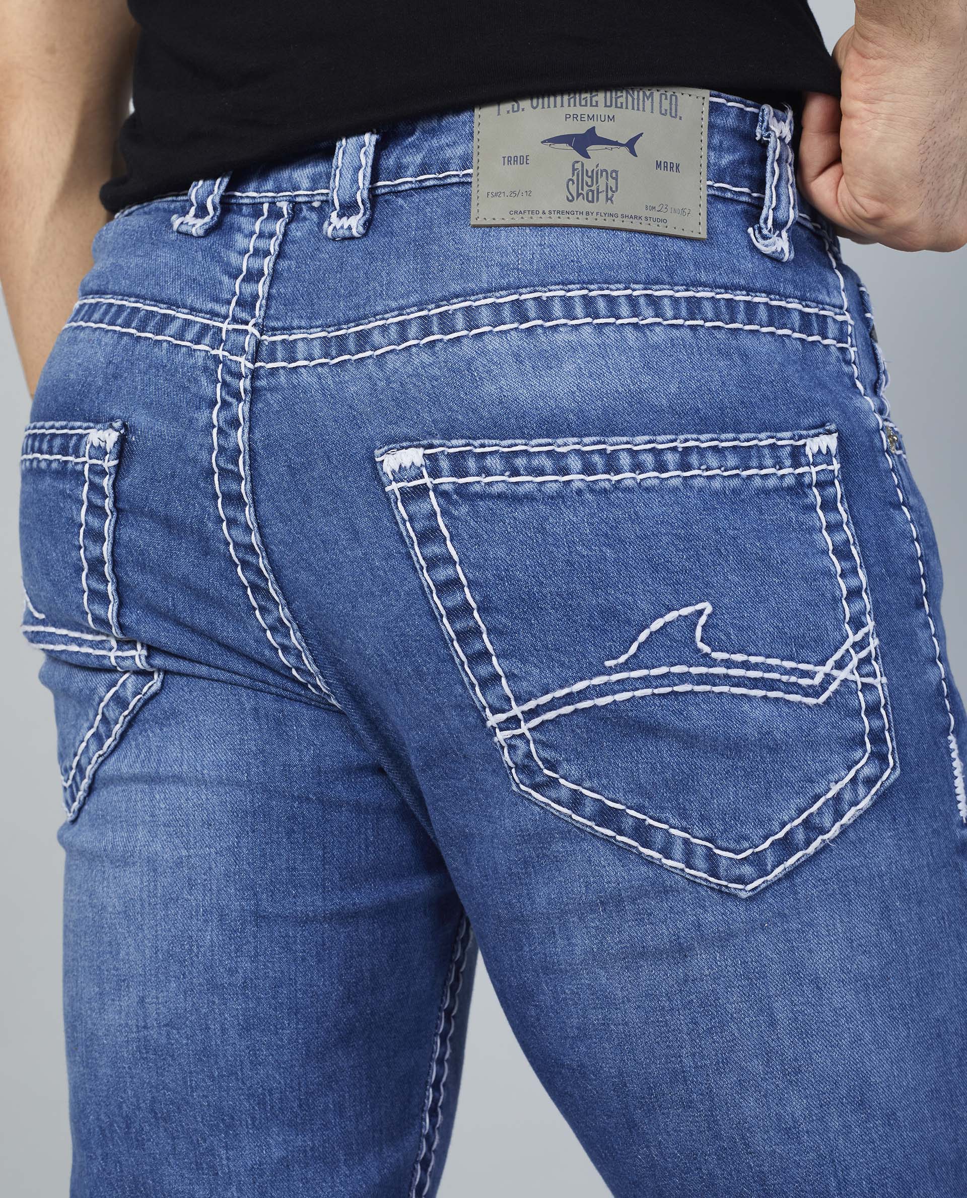 Flying Shark Men's Ice Blue Saddle Stitch Jeans Flying Shark