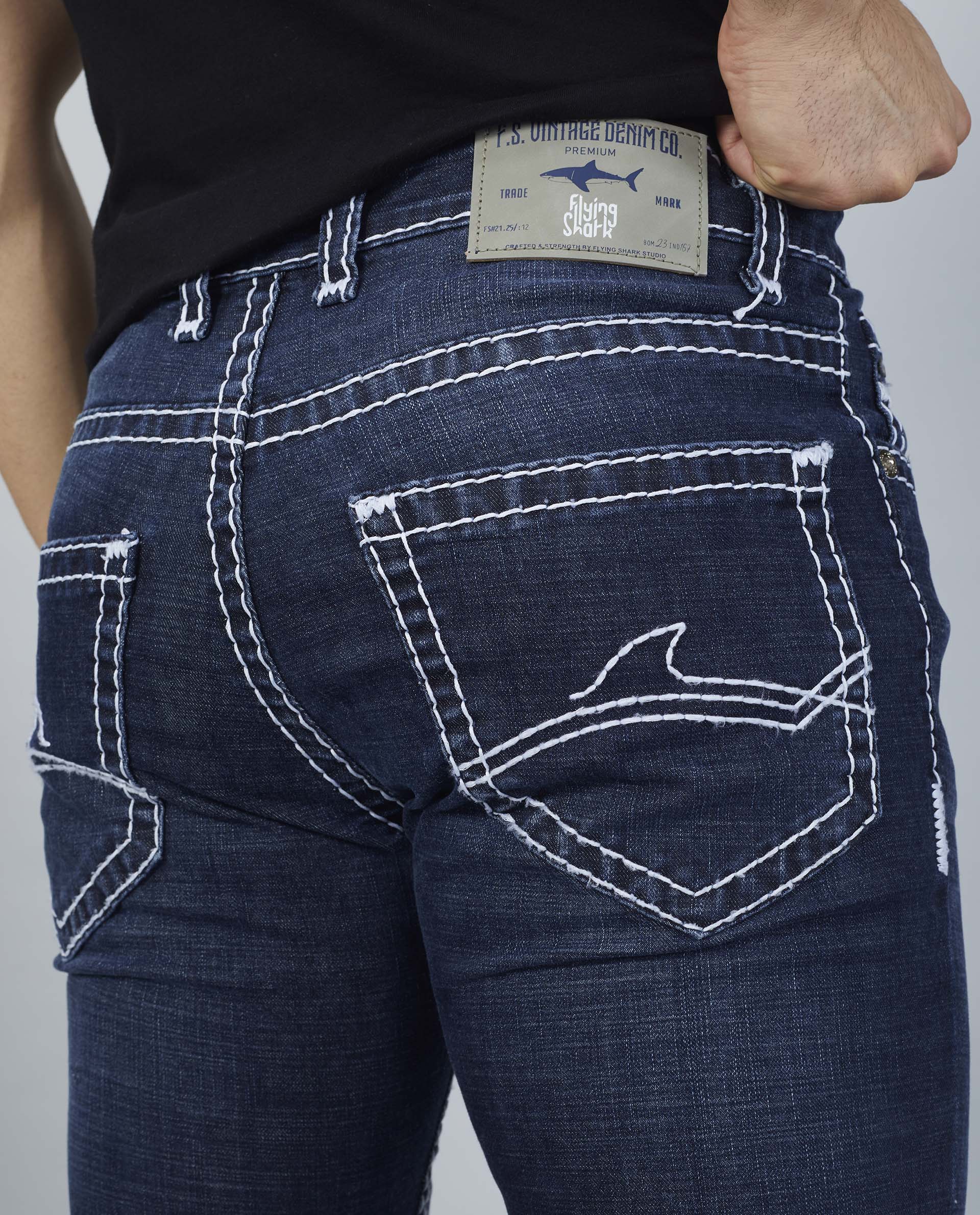 Flying Shark Men's Midnight Blue Saddle Stitch Jeans Flying Shark