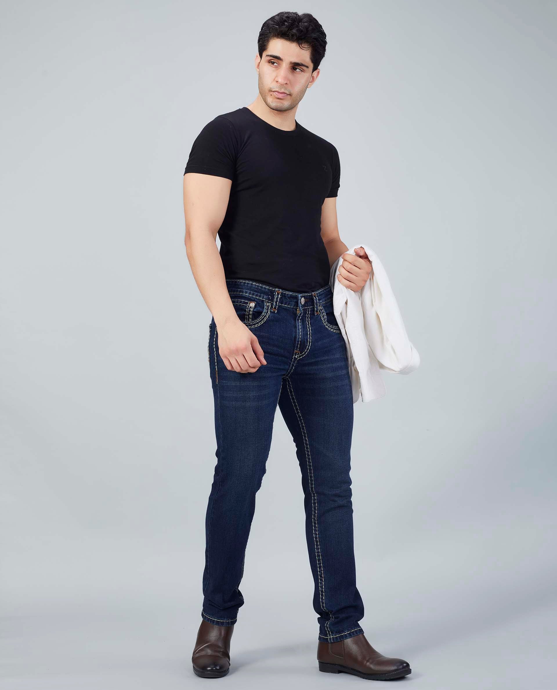 Men's Premium Saddle Stitch Jeans – Dark Indigo Wash Flying Shark