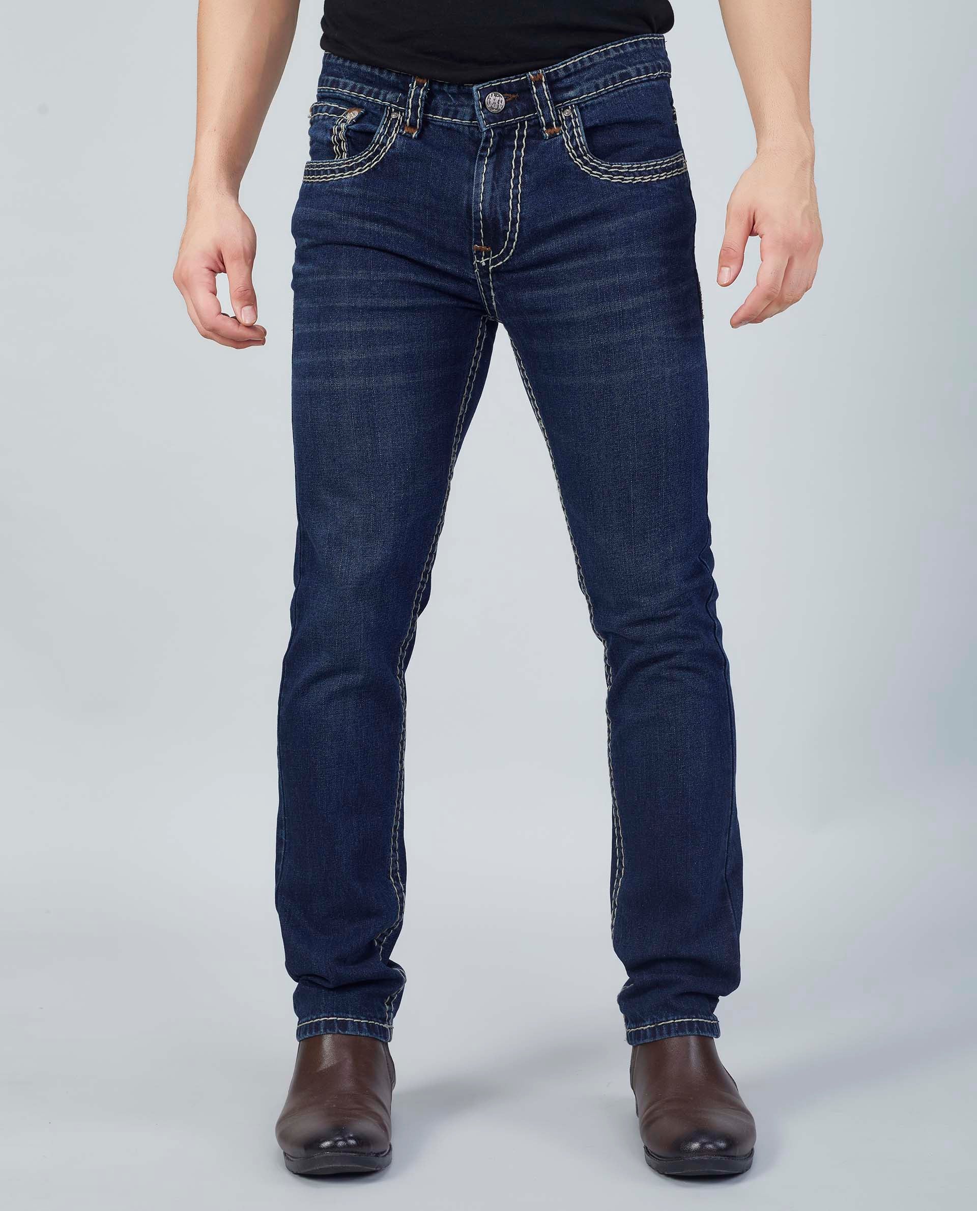 Men's Premium Saddle Stitch Jeans – Dark Indigo Wash Flying Shark