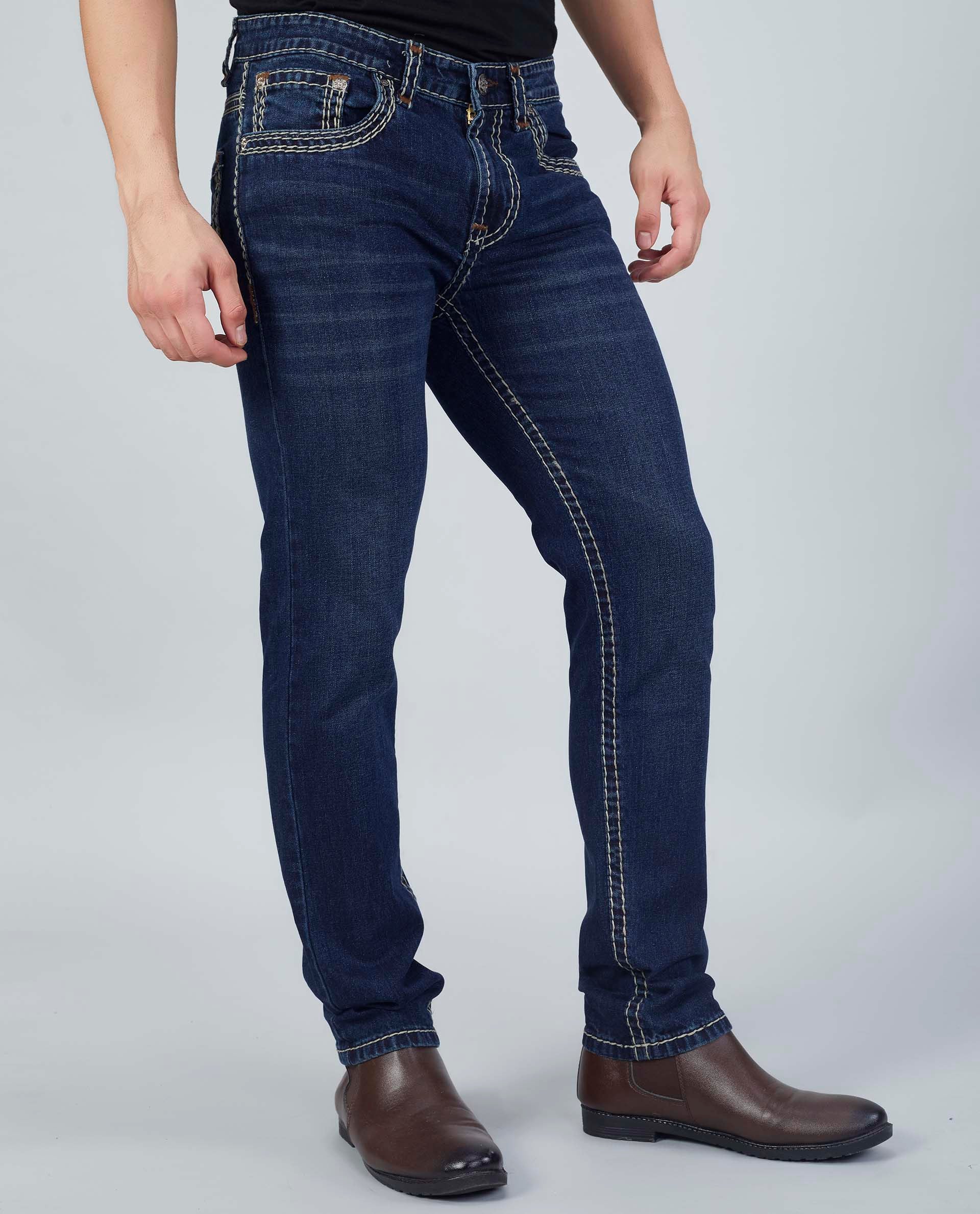 Men's Premium Saddle Stitch Jeans – Dark Indigo Wash Flying Shark