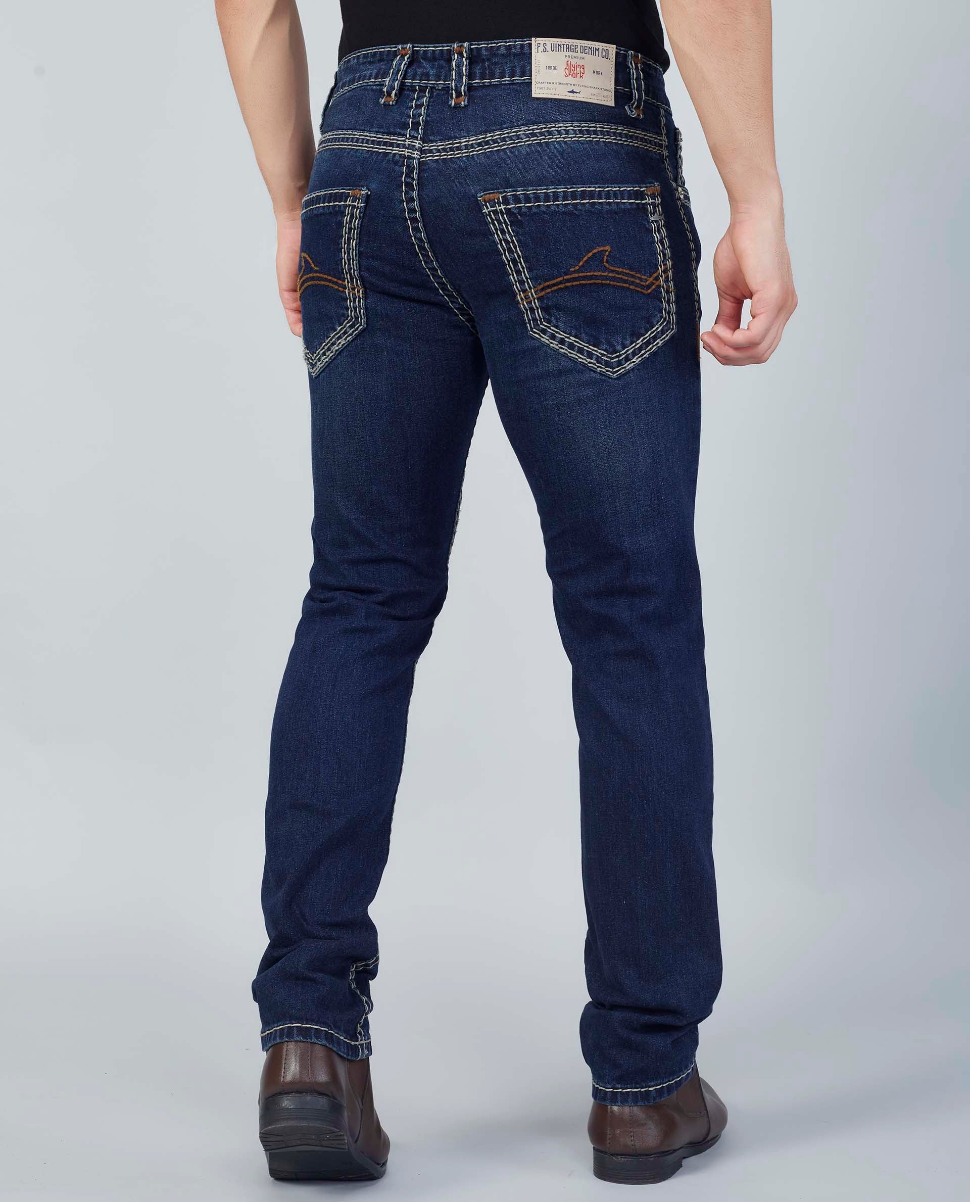 Men's Premium Saddle Stitch Jeans – Dark Indigo Wash Flying Shark