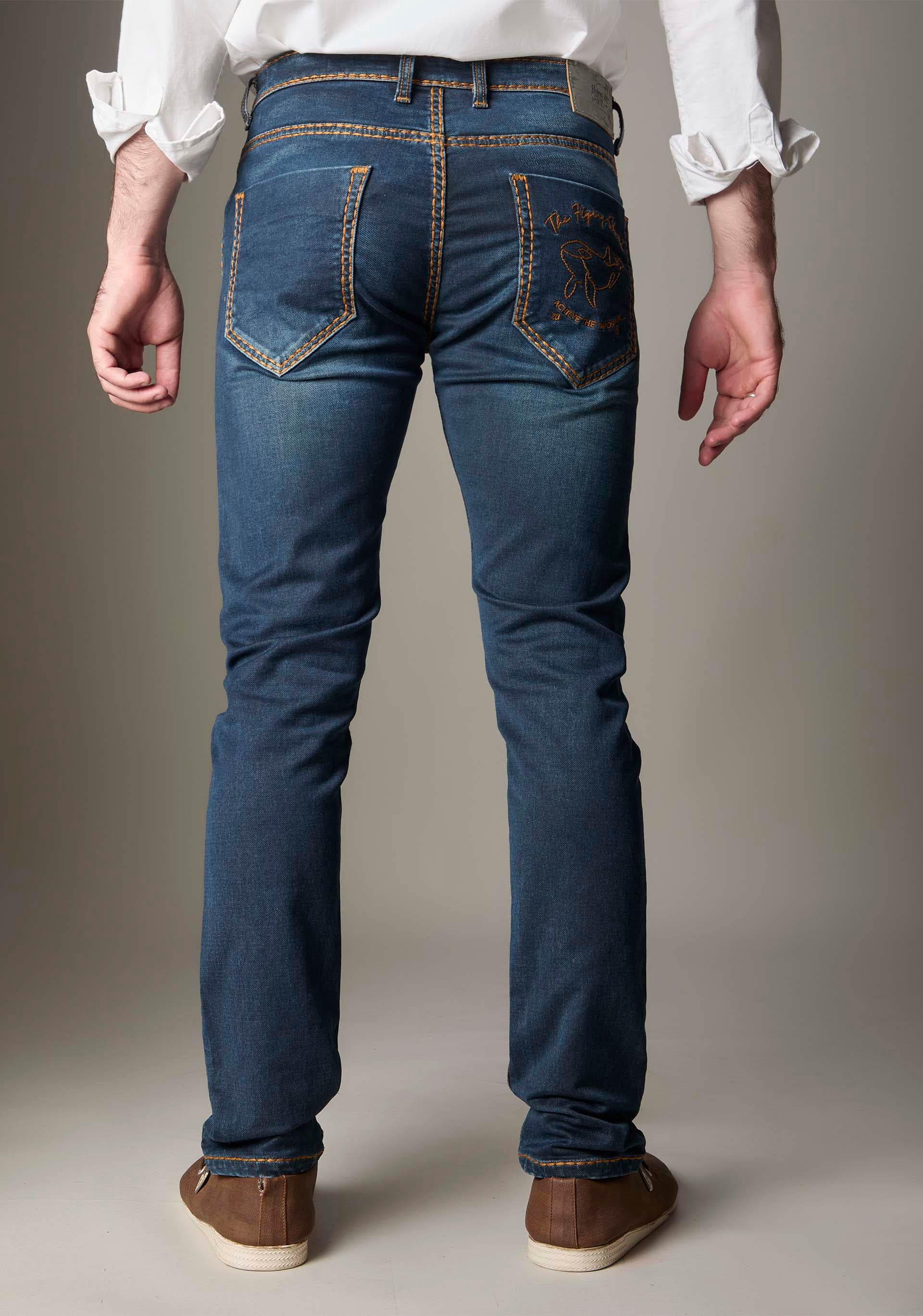 FS134 Medium-Dark Indigo With Heavy Golden Stitching