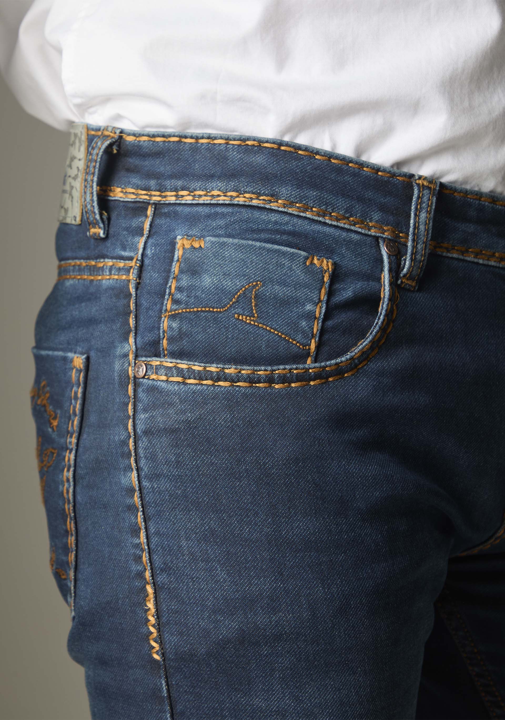 FS134 Medium-Dark Indigo With Heavy Golden Stitching