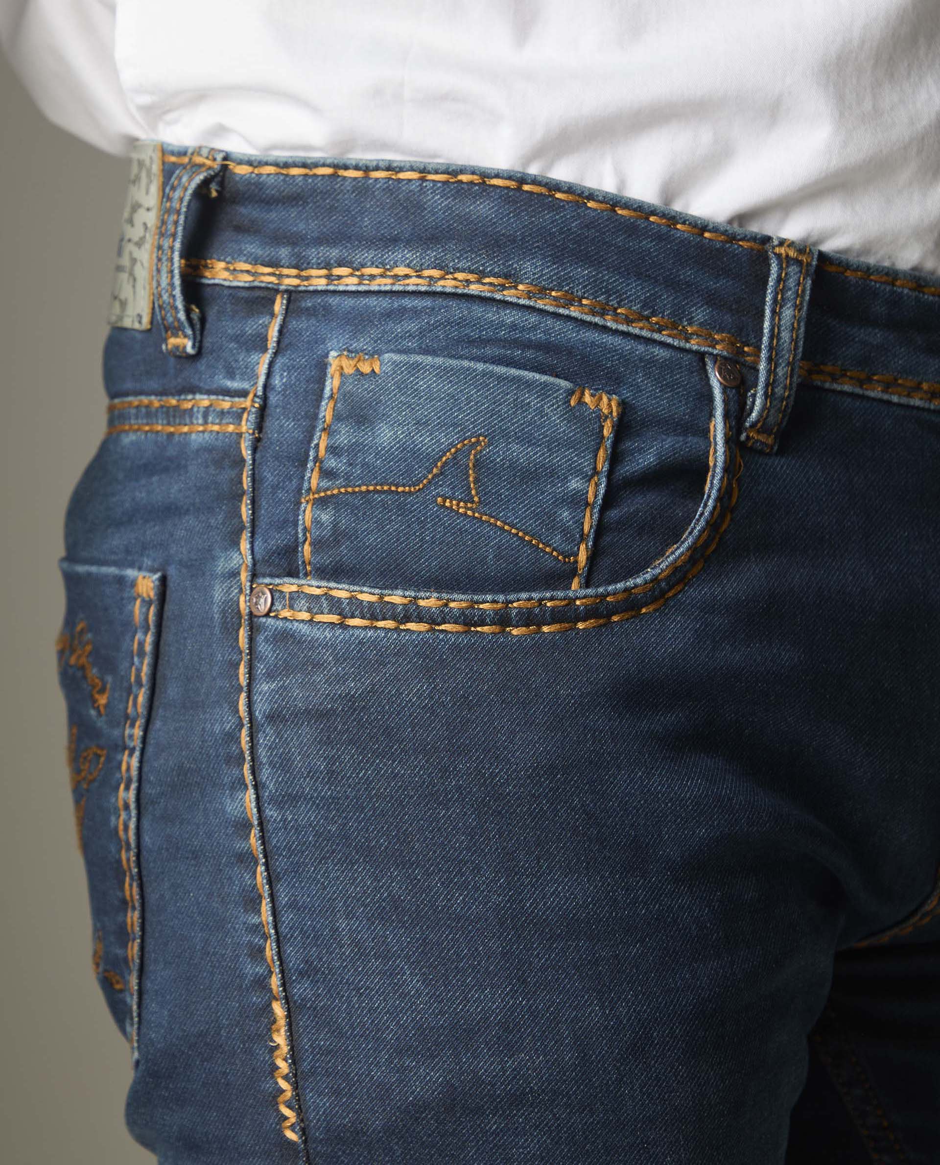 Medium-Dark Indigo With Heavy Golden Stitching