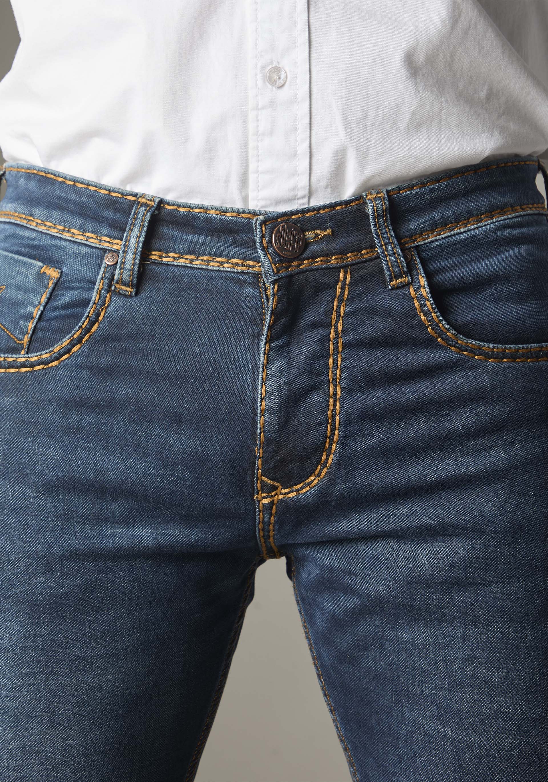 FS134 Medium-Dark Indigo With Heavy Golden Stitching
