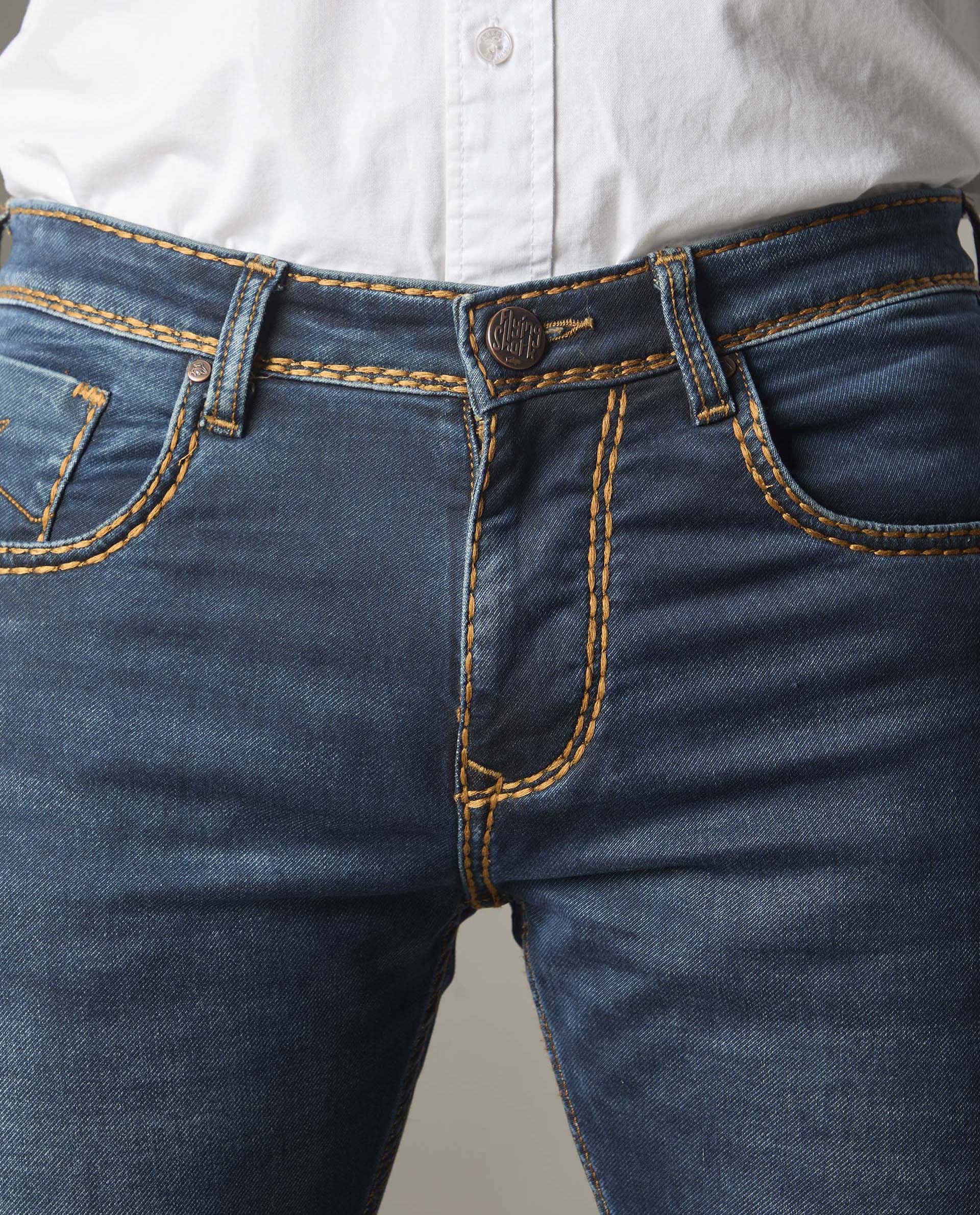 Medium-Dark Indigo With Heavy Golden Stitching