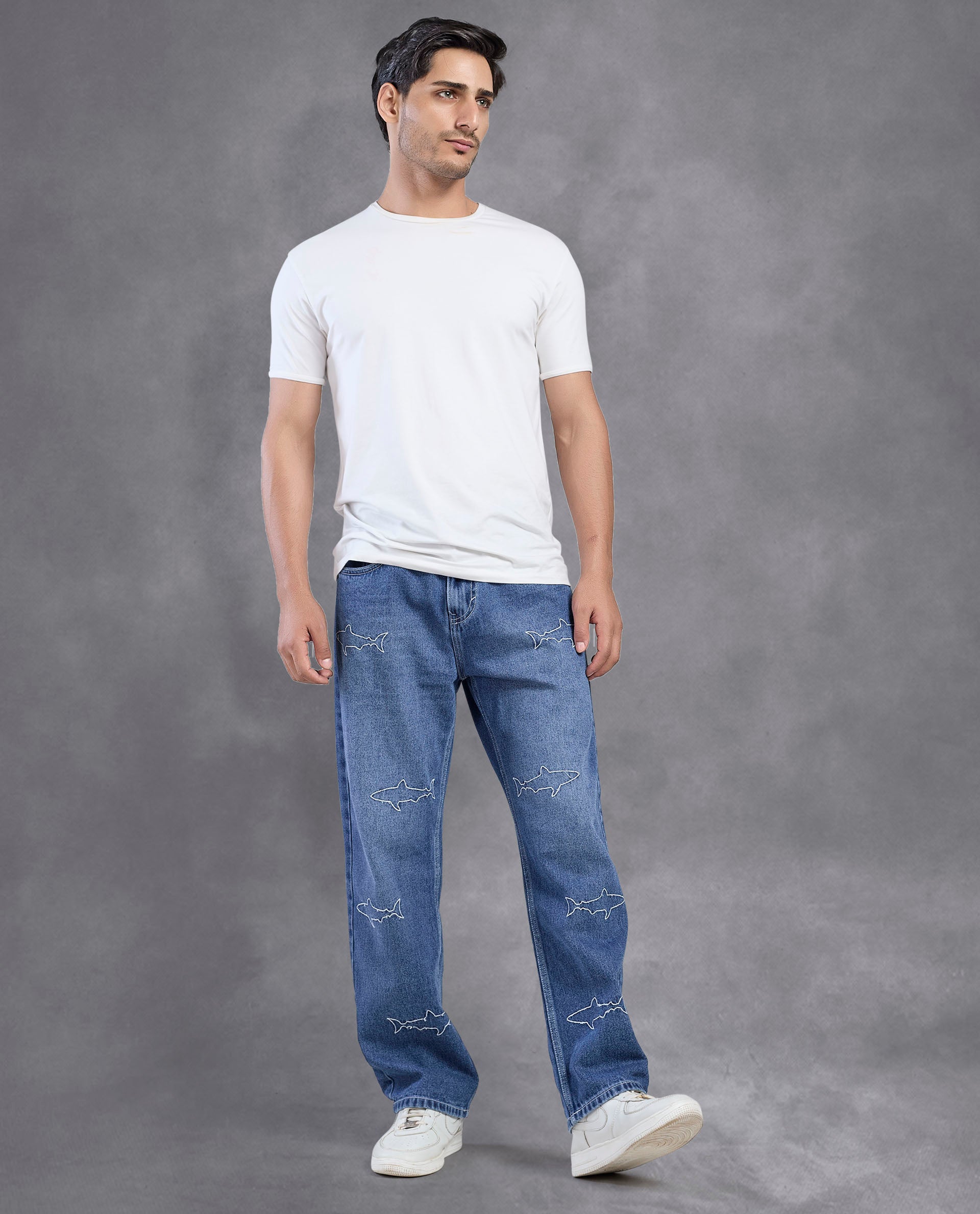 Shark Embroidery Denim Jeans