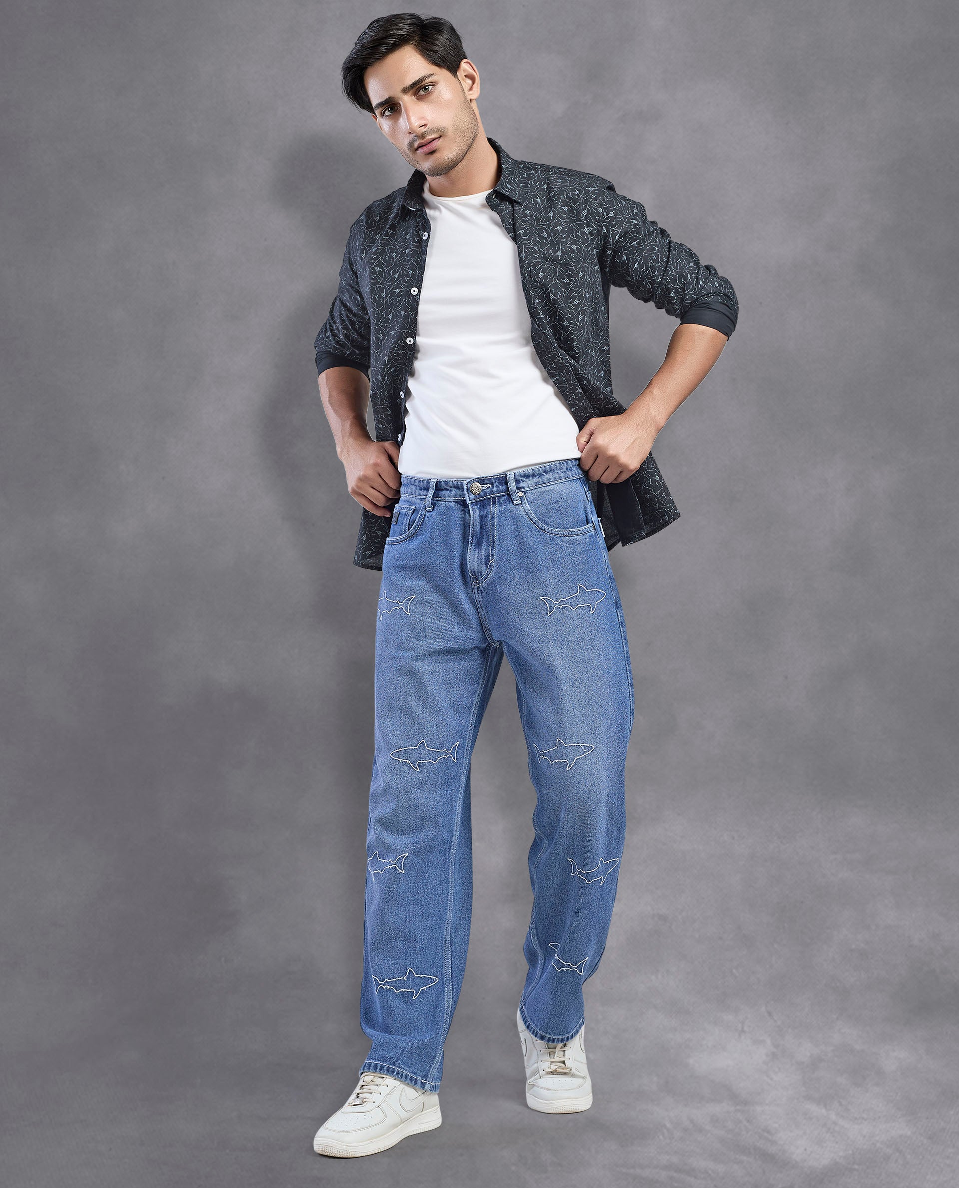 Shark Embroidery Denim Jeans