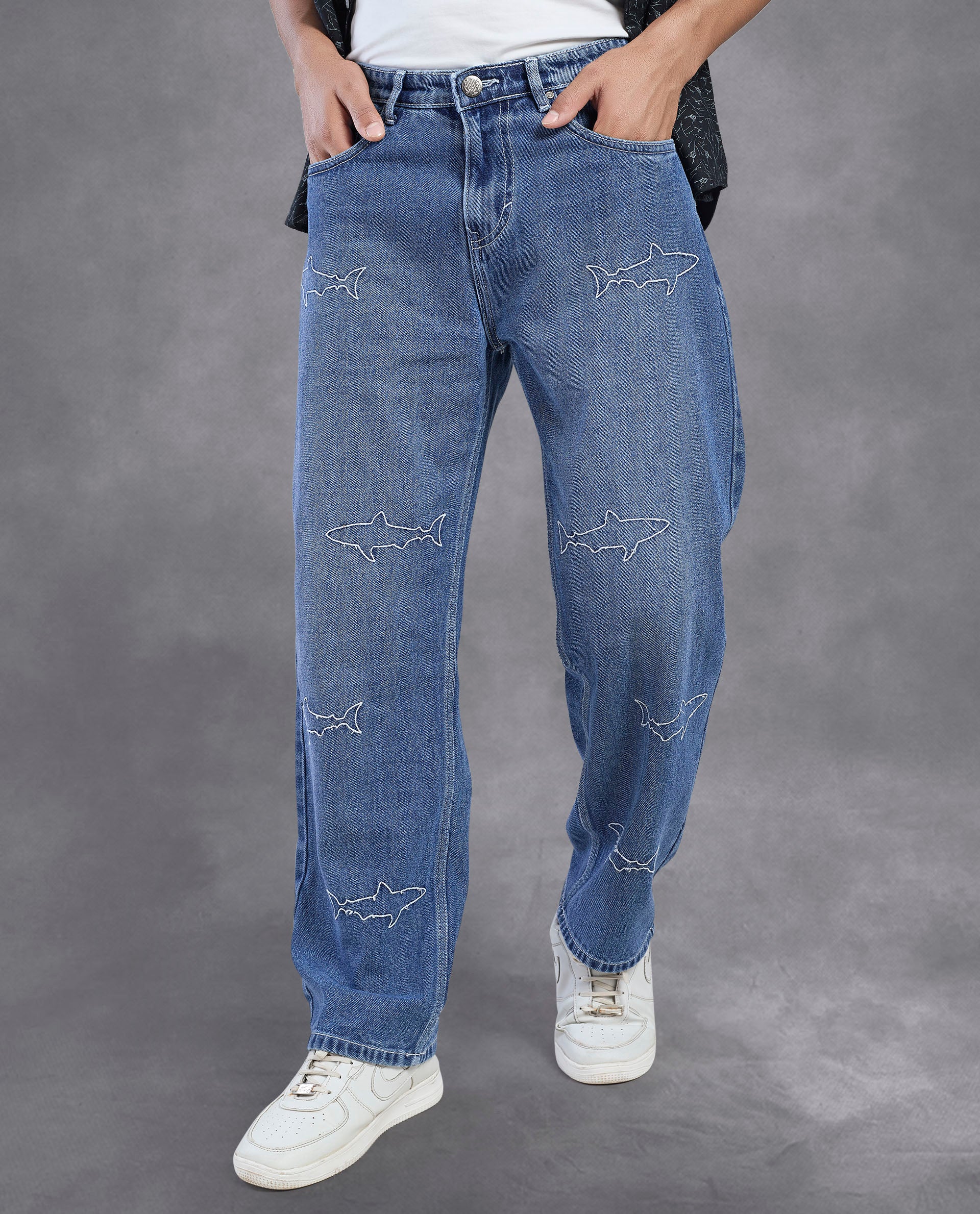 Shark Embroidery Denim Jeans