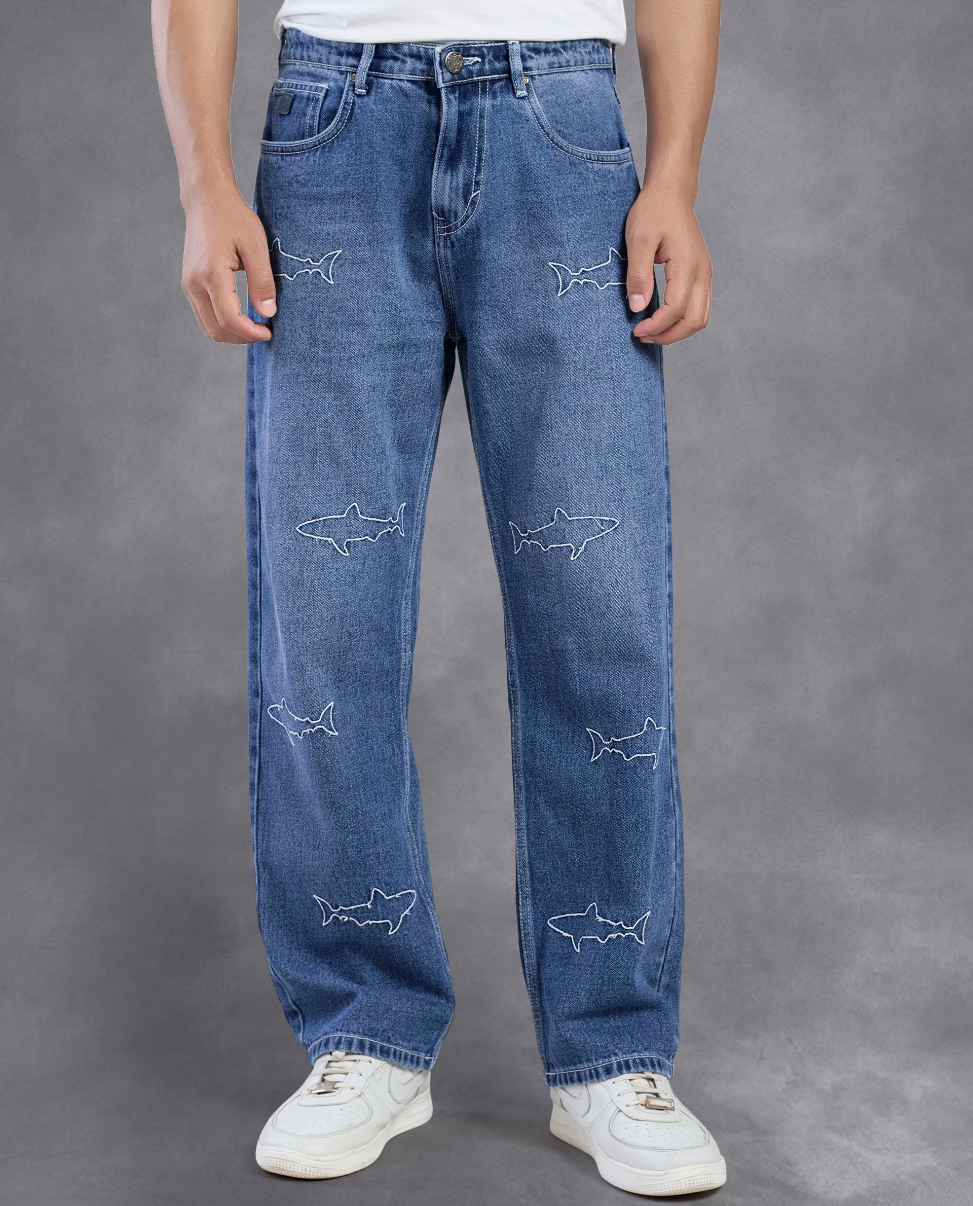 Shark Embroidery Denim Jeans - FS124