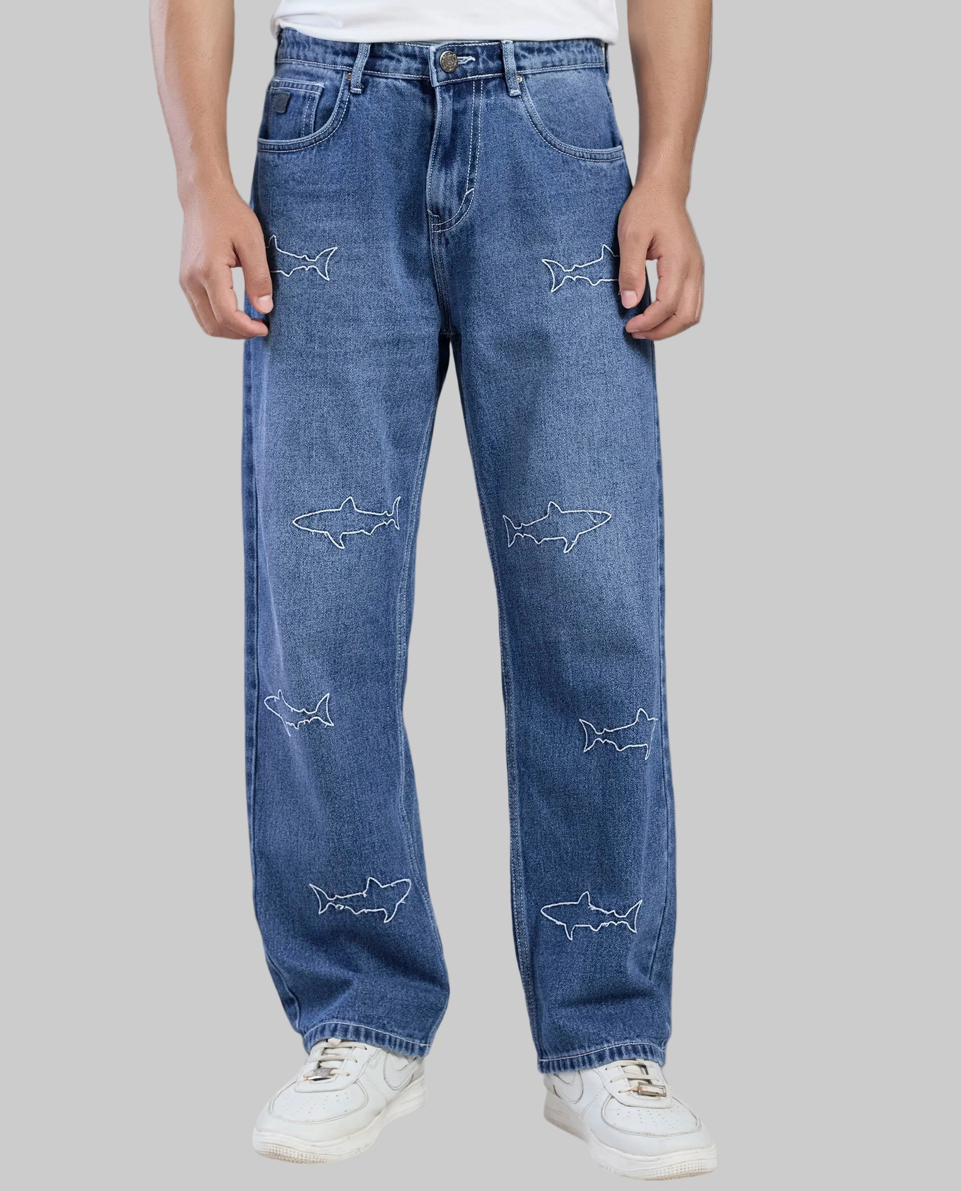 Shark Embroidery Denim Jeans