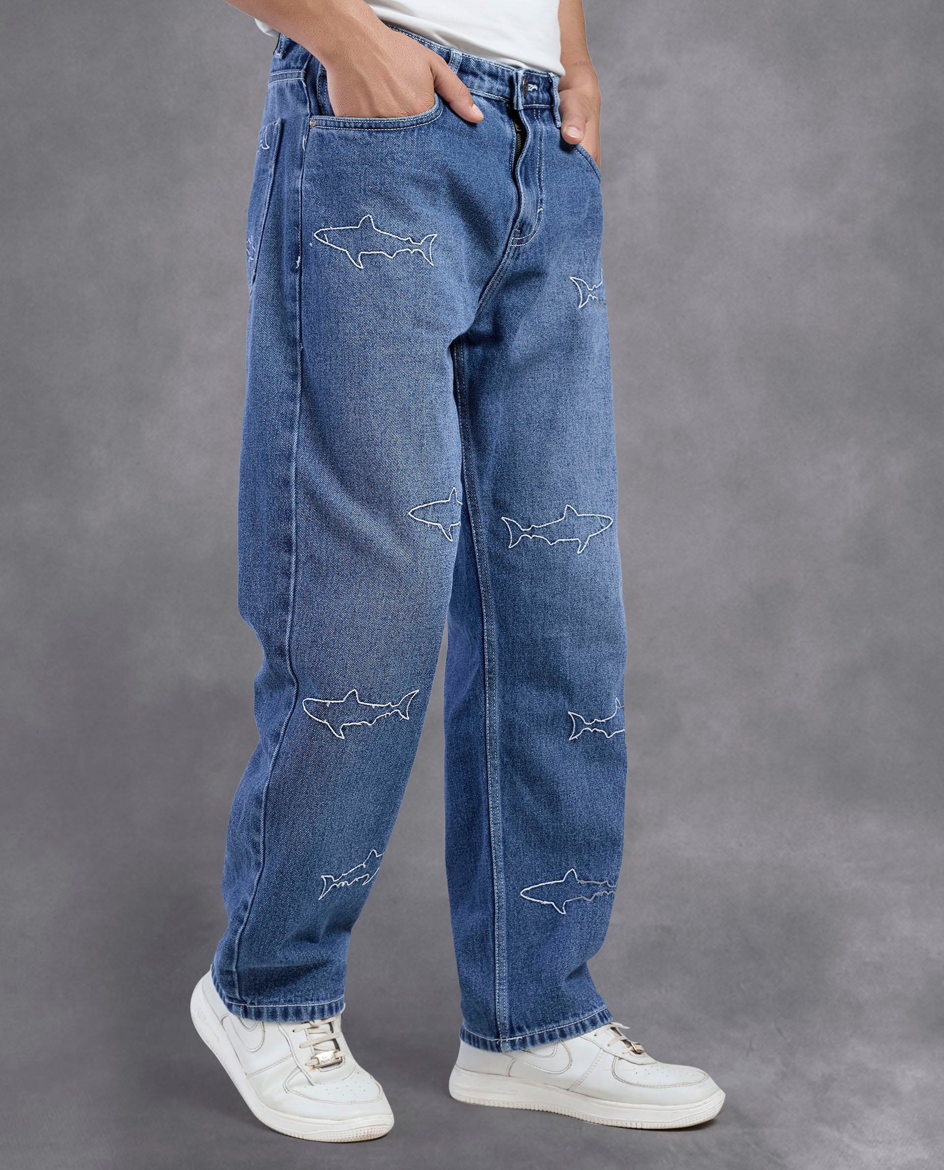 Shark Embroidery Denim Jeans