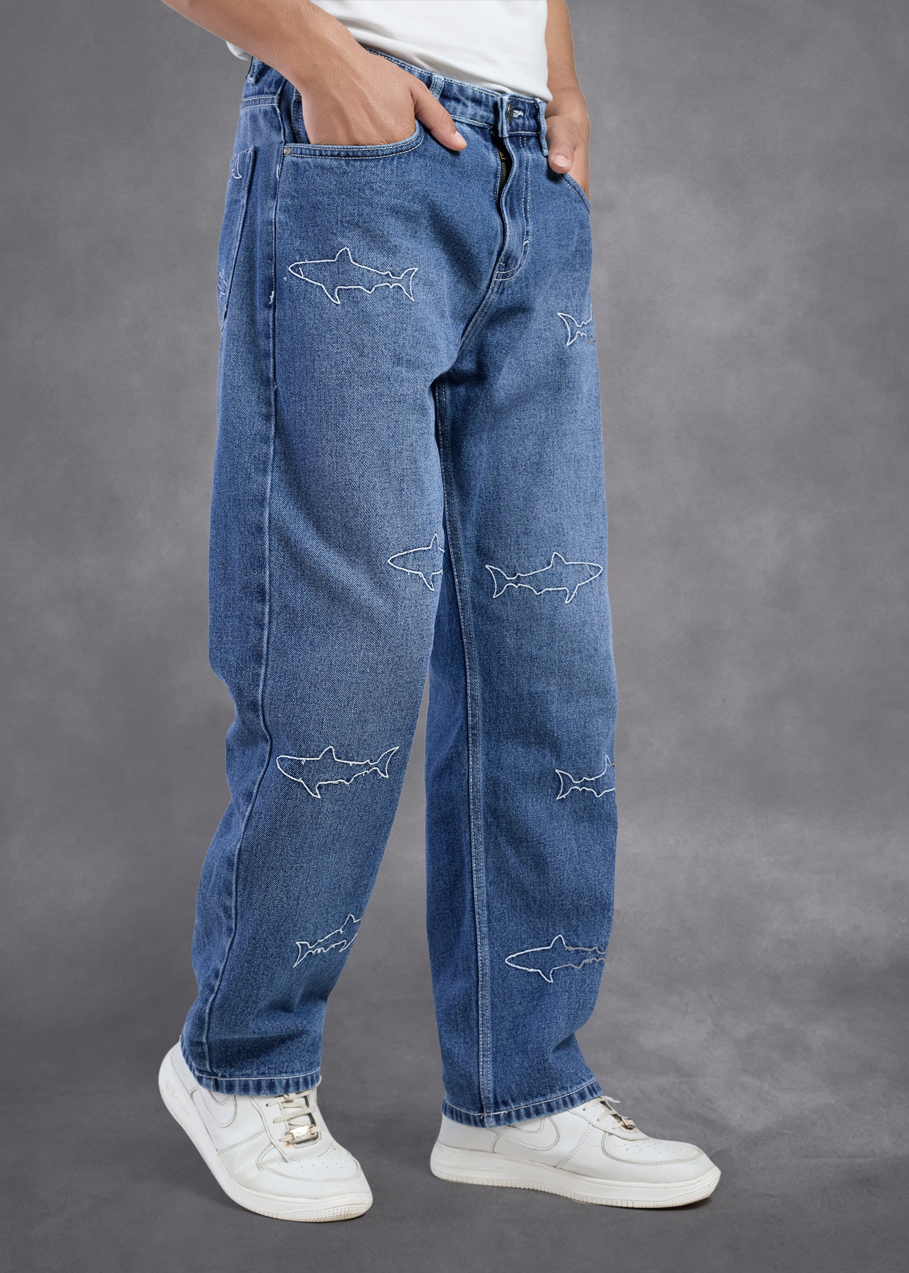 Shark Embroidery Denim Jeans - FS124