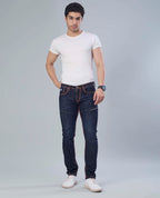 Saddle Stitched Dark Indigo Denim Jeans