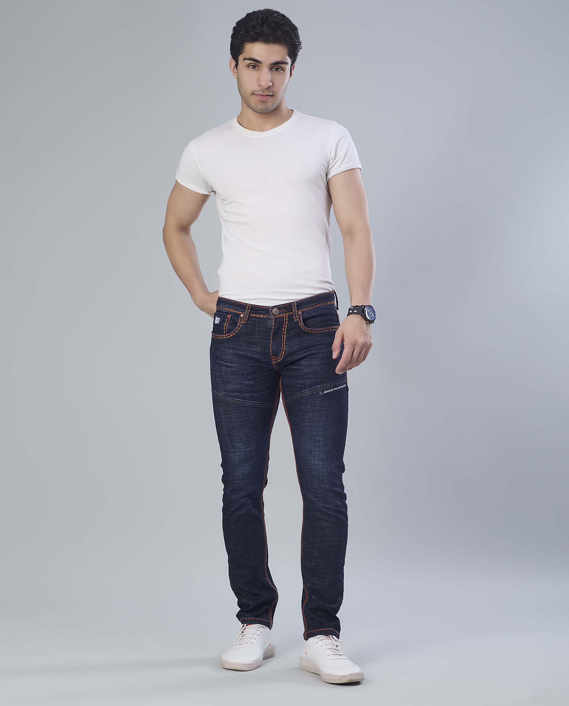 Saddle Stitched Dark Indigo Denim Jeans