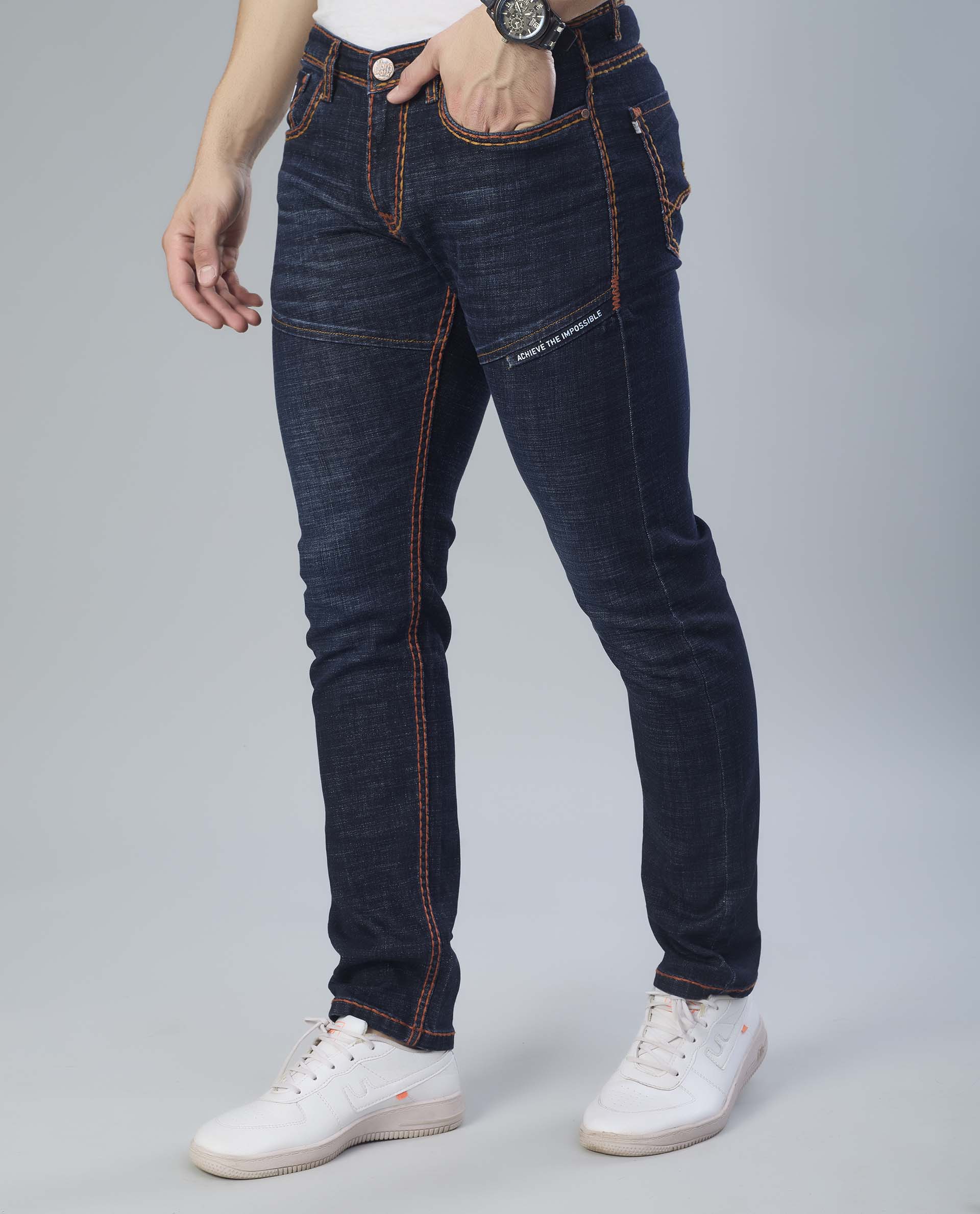 Saddle Stitched Dark Indigo Denim Jeans