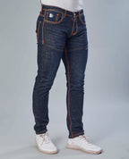 Saddle Stitched Dark Indigo Denim Jeans