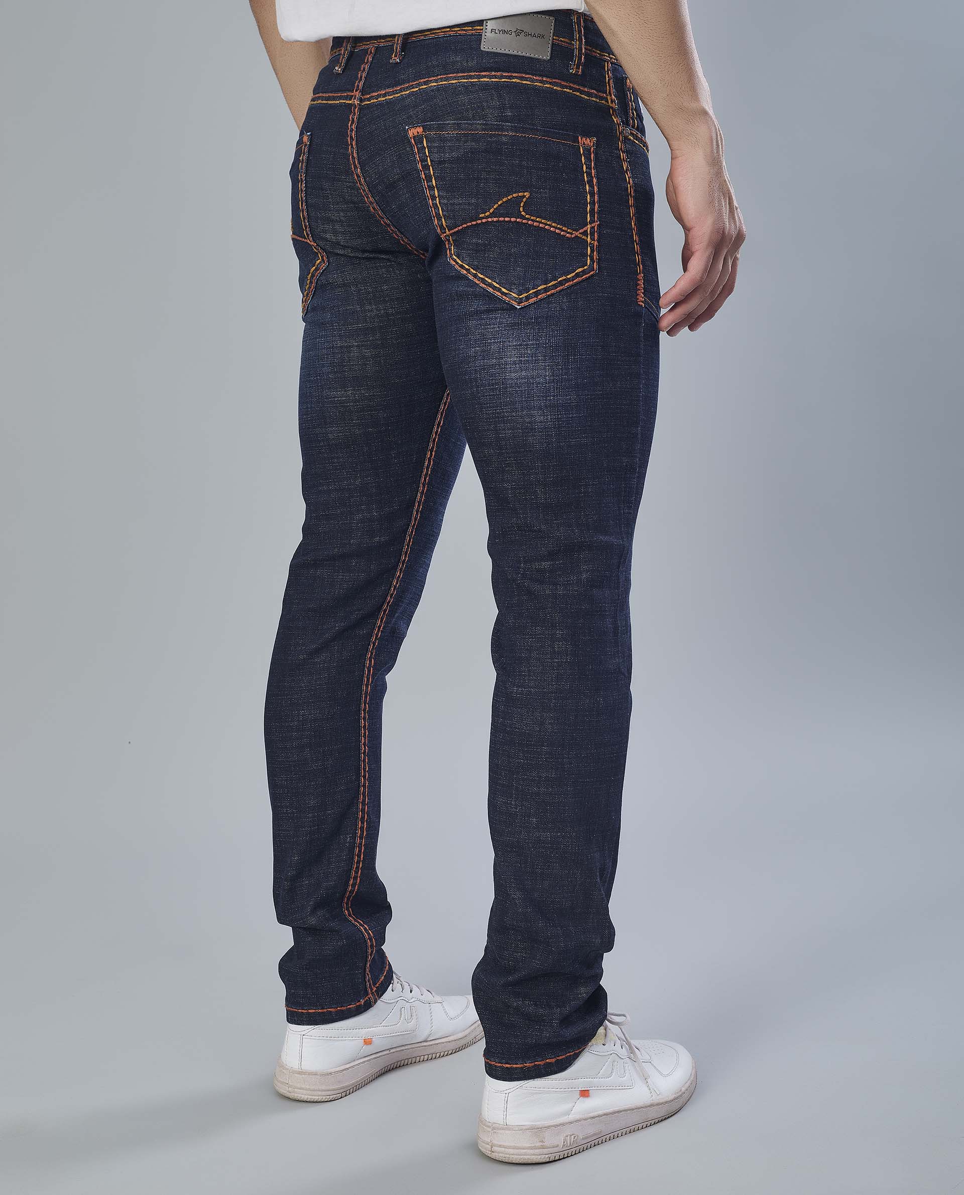Saddle Stitched Dark Indigo Denim Jeans