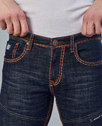 Saddle Stitched Dark Indigo Denim Jeans