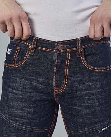 Saddle Stitched Dark Indigo Denim Jeans