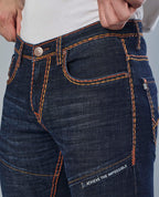 Saddle Stitched Dark Indigo Denim Jeans