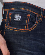 Saddle Stitched Dark Indigo Denim Jeans
