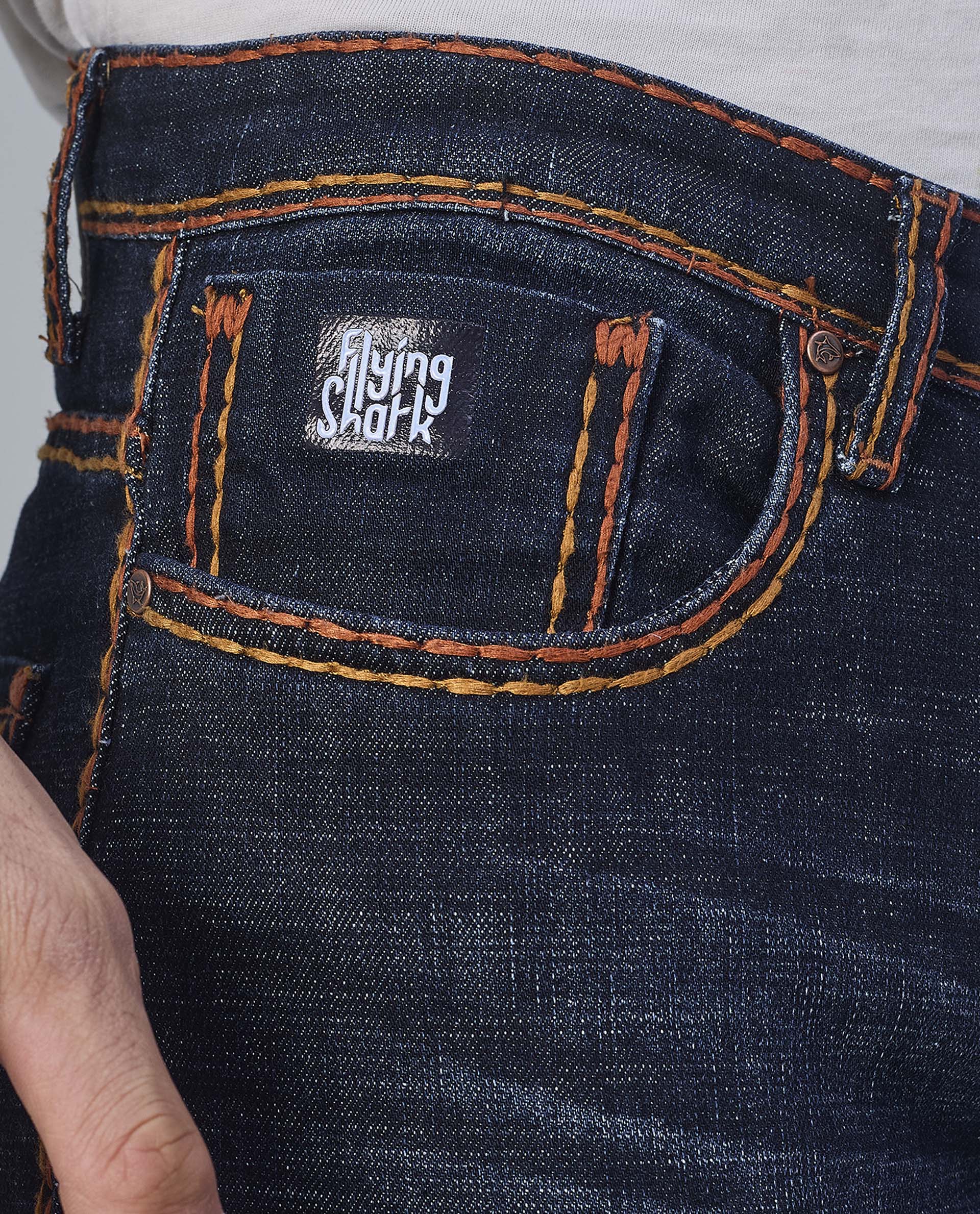 Saddle Stitched Dark Indigo Denim Jeans