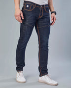 Saddle Stitched Dark Indigo Denim Jeans