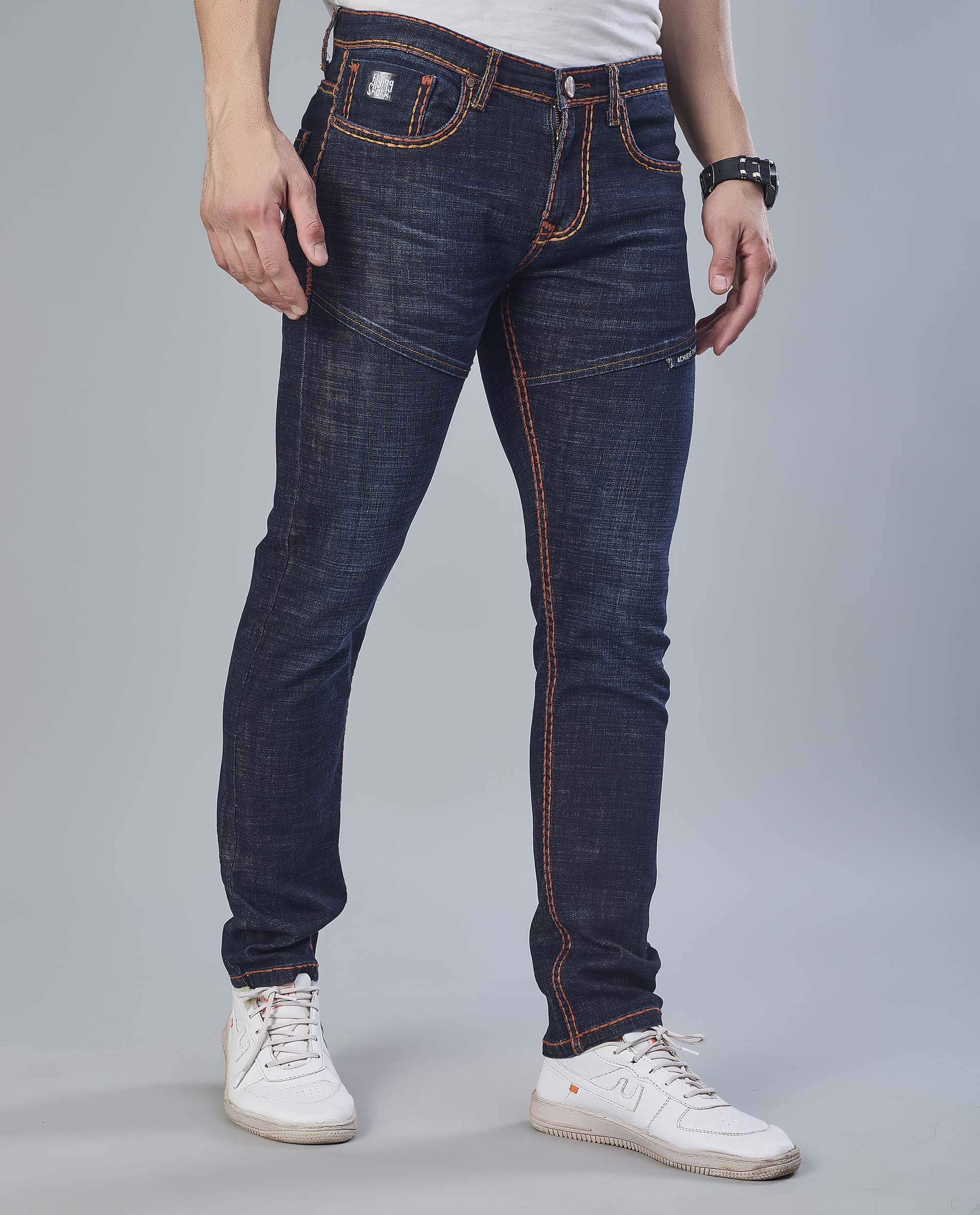 Saddle Stitched Dark Indigo Denim Jeans
