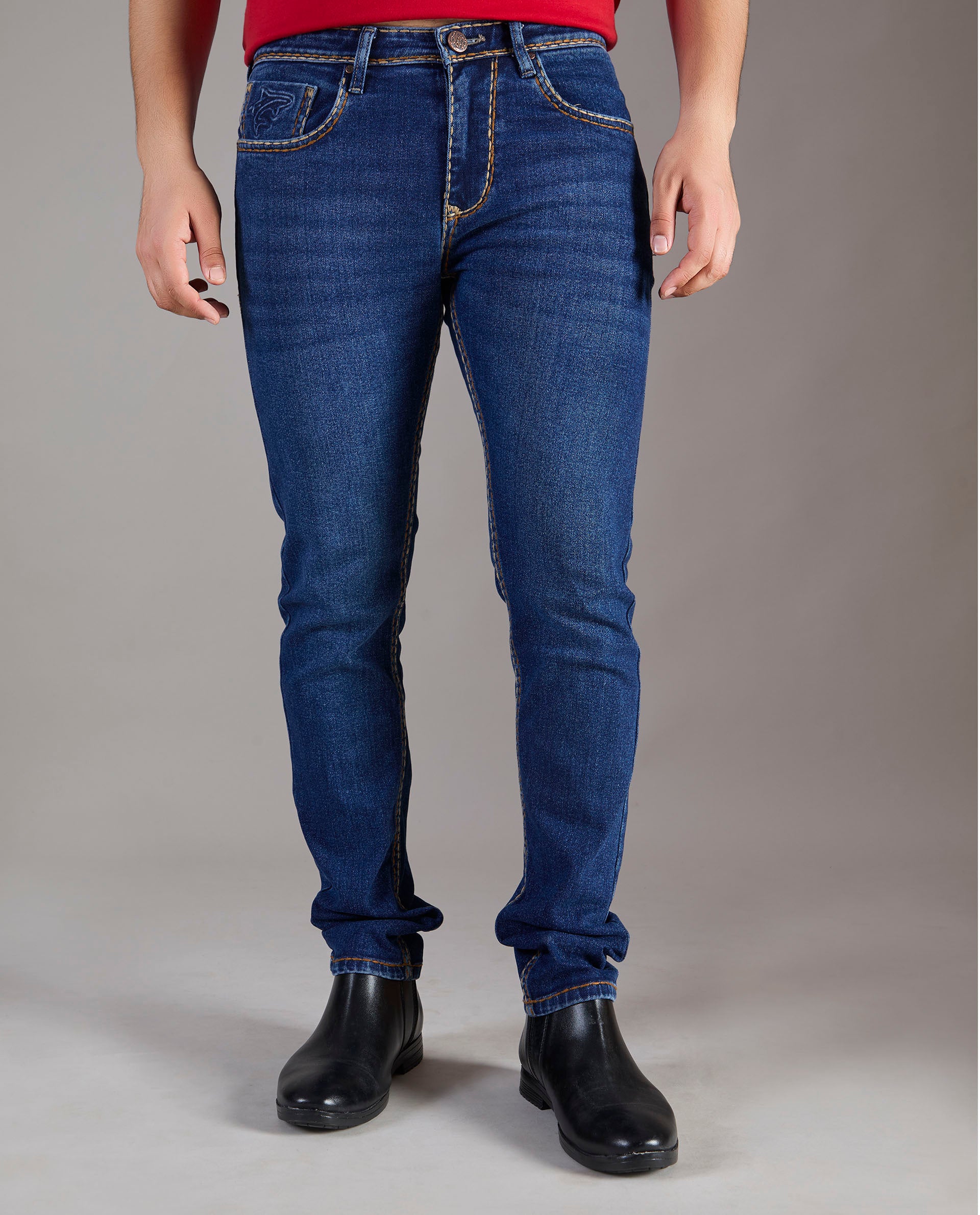 Men’s Mid-Blue Faded Saddle Stitch Denim