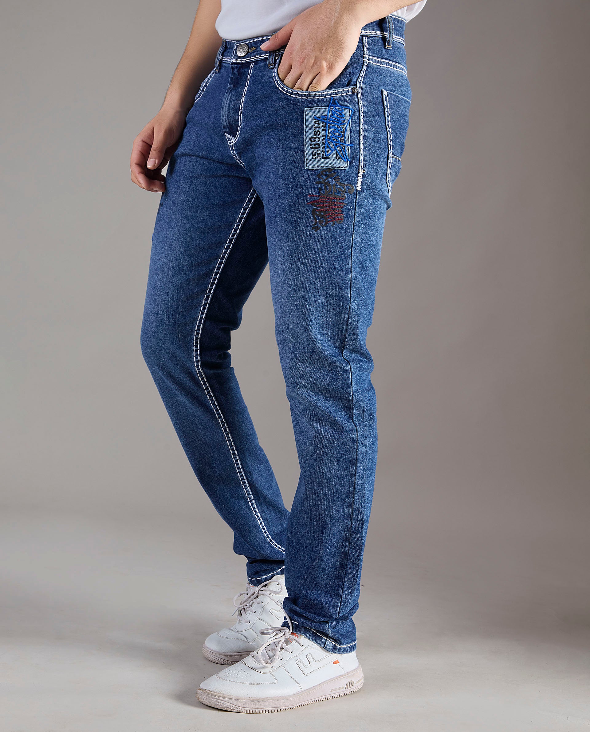 Men’s Mid-Blue Graphic Stitch Denim