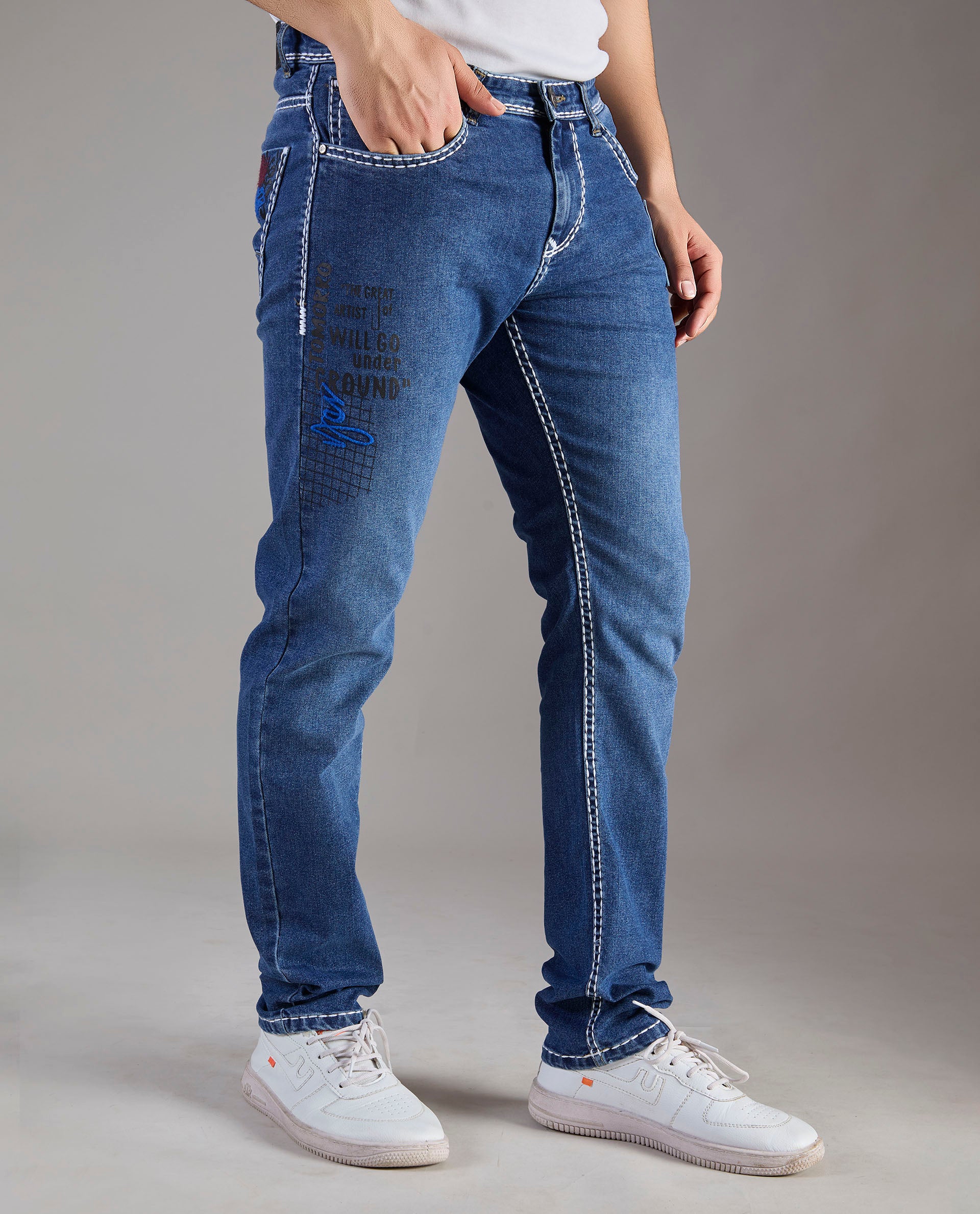 Men’s Mid-Blue Graphic Stitch Denim