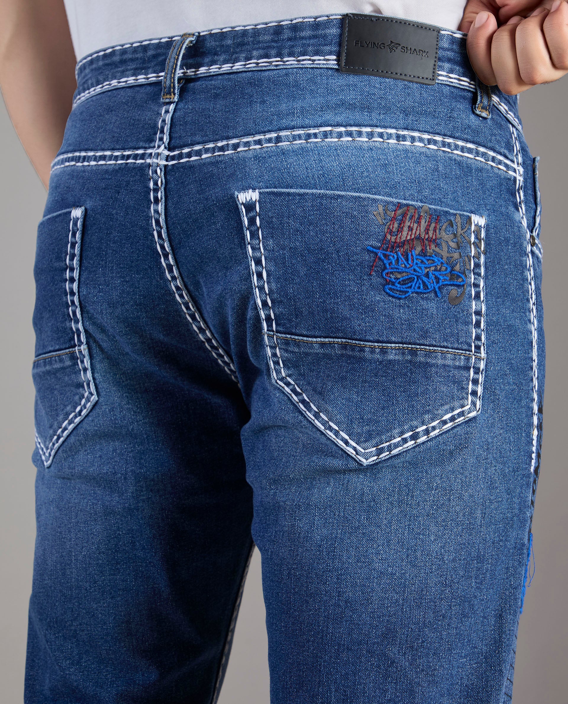 Men’s Mid-Blue Graphic Stitch Denim