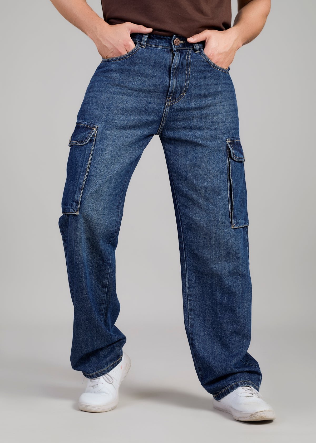 FS 054 CARGO Flying Shark Loose Fit Denim Cargo Jeans – Dark Blue