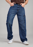 FS 054 CARGO Flying Shark Loose Fit Denim Cargo Jeans – Dark Blue