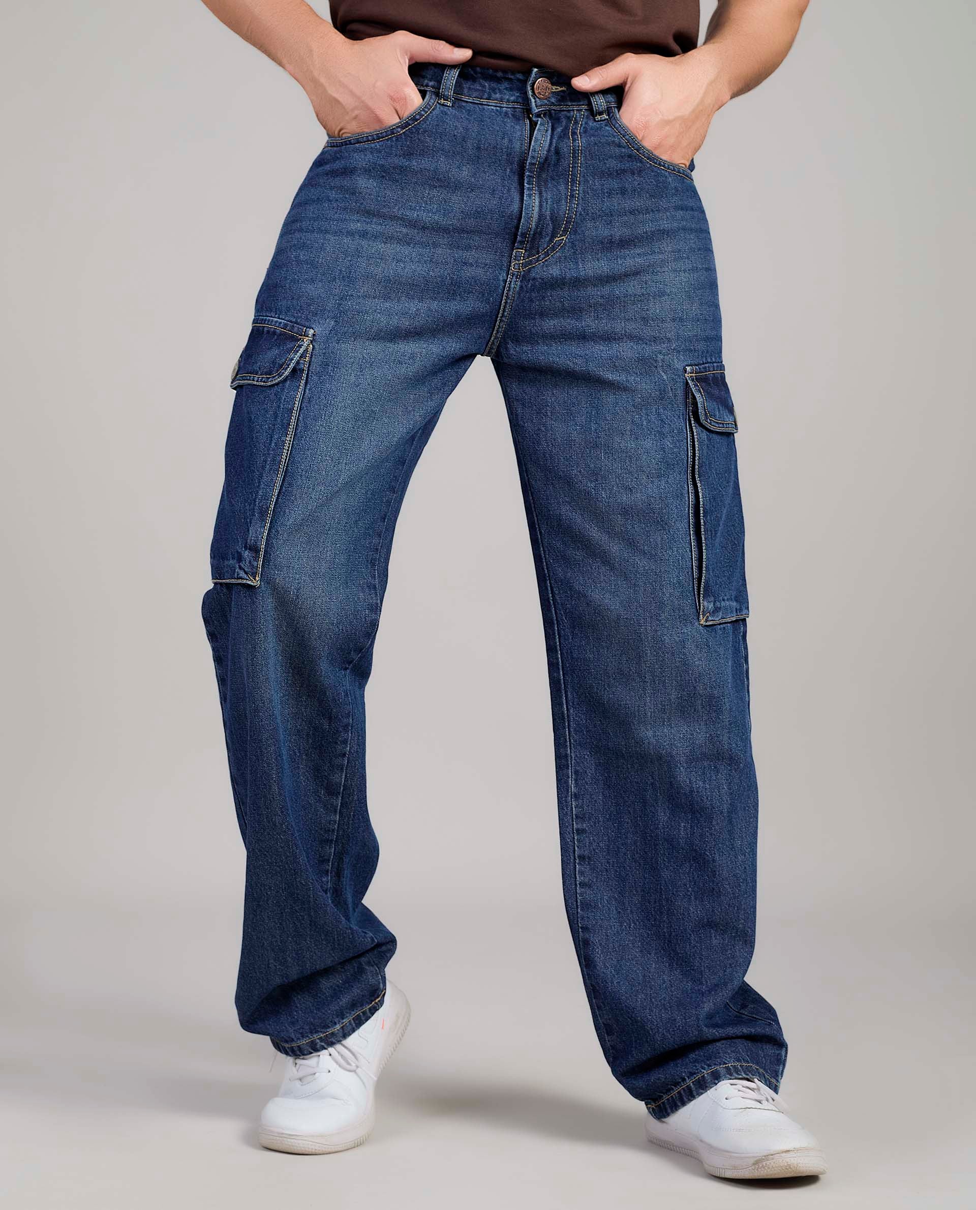 FS 054 CARGO Flying Shark Loose Fit Denim Cargo Jeans – Dark Blue
