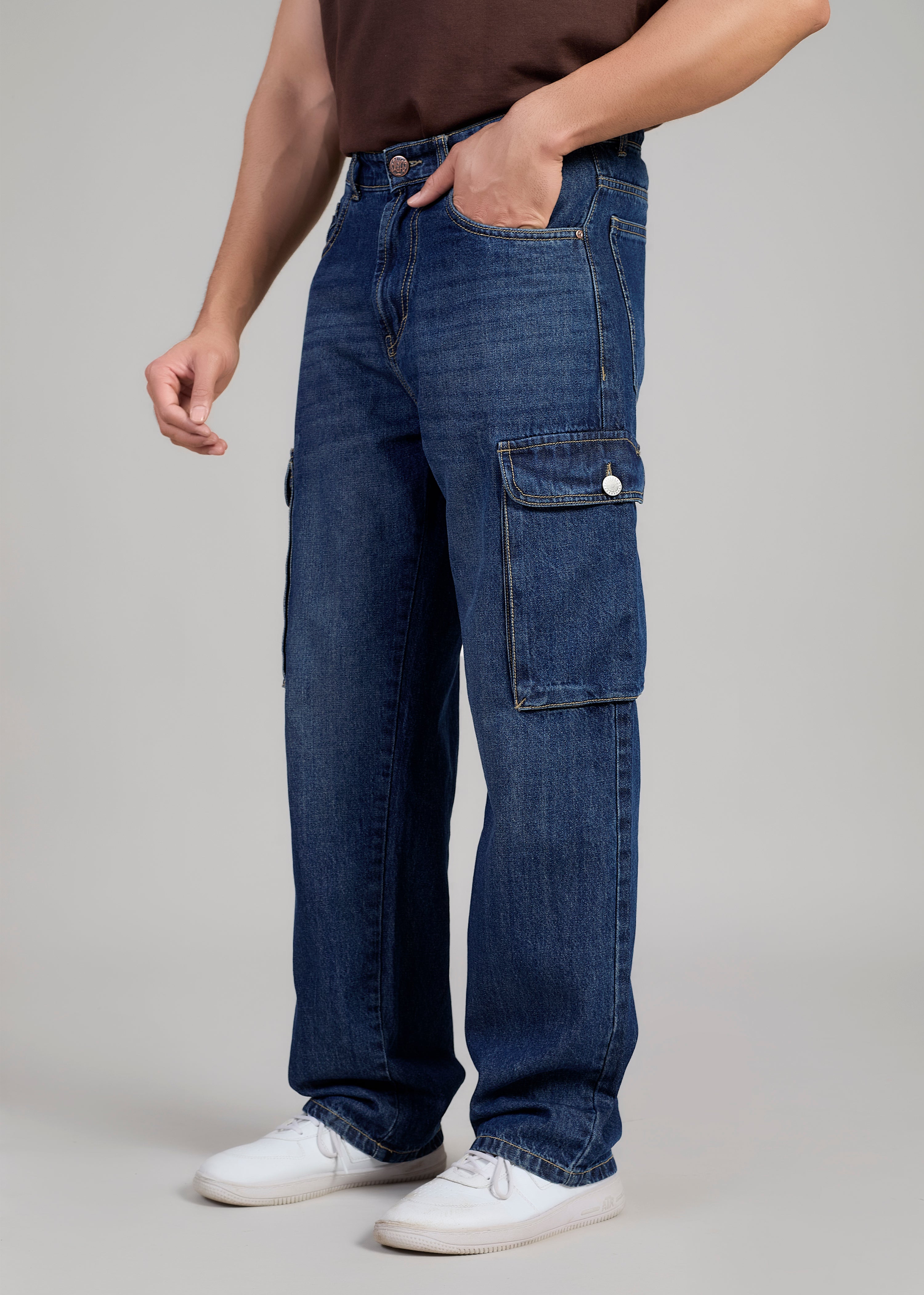 FS 054 CARGO Flying Shark Loose Fit Denim Cargo Jeans – Dark Blue