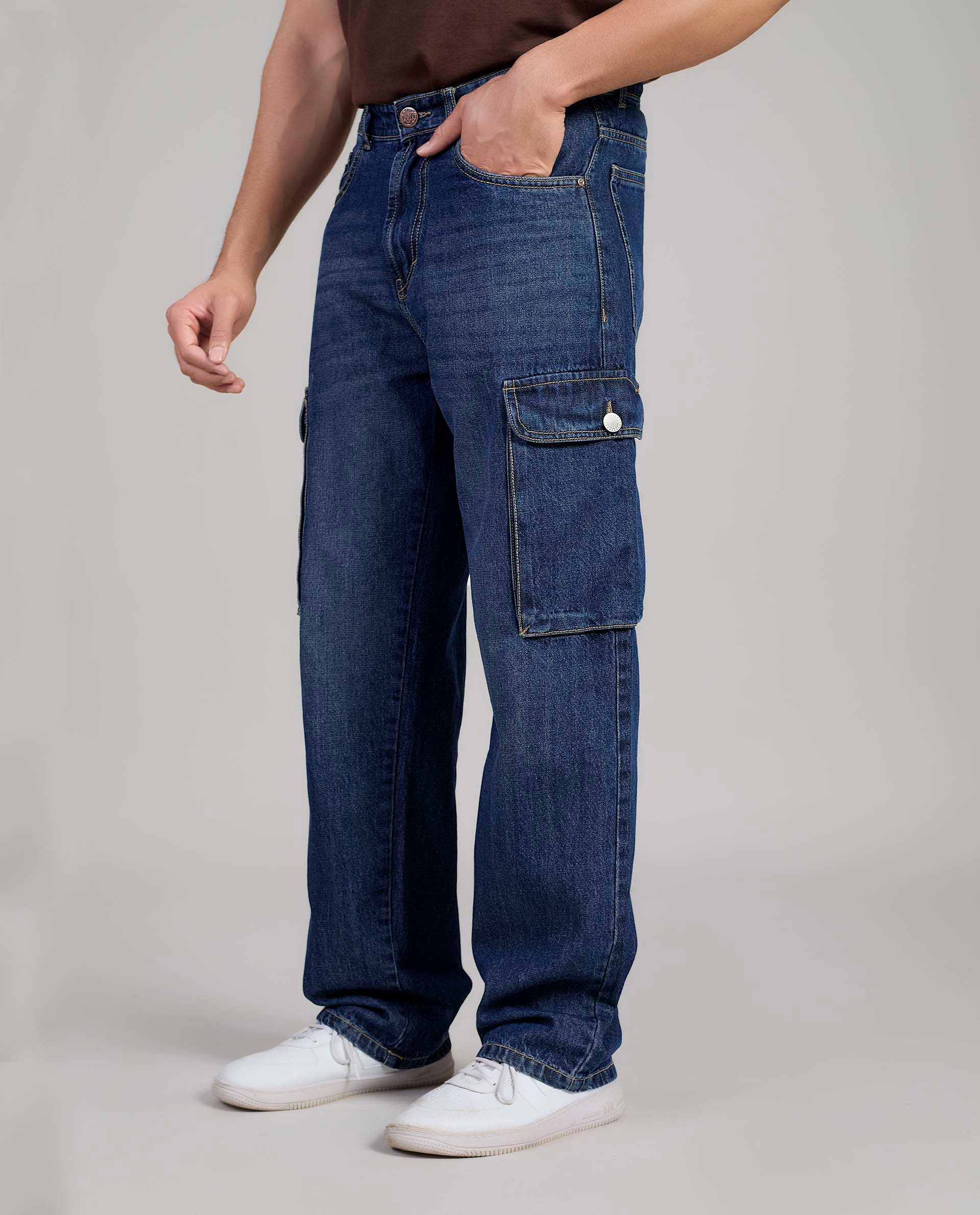 FS 054 CARGO Flying Shark Loose Fit Denim Cargo Jeans – Dark Blue