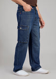 FS 054 CARGO Flying Shark Loose Fit Denim Cargo Jeans – Dark Blue