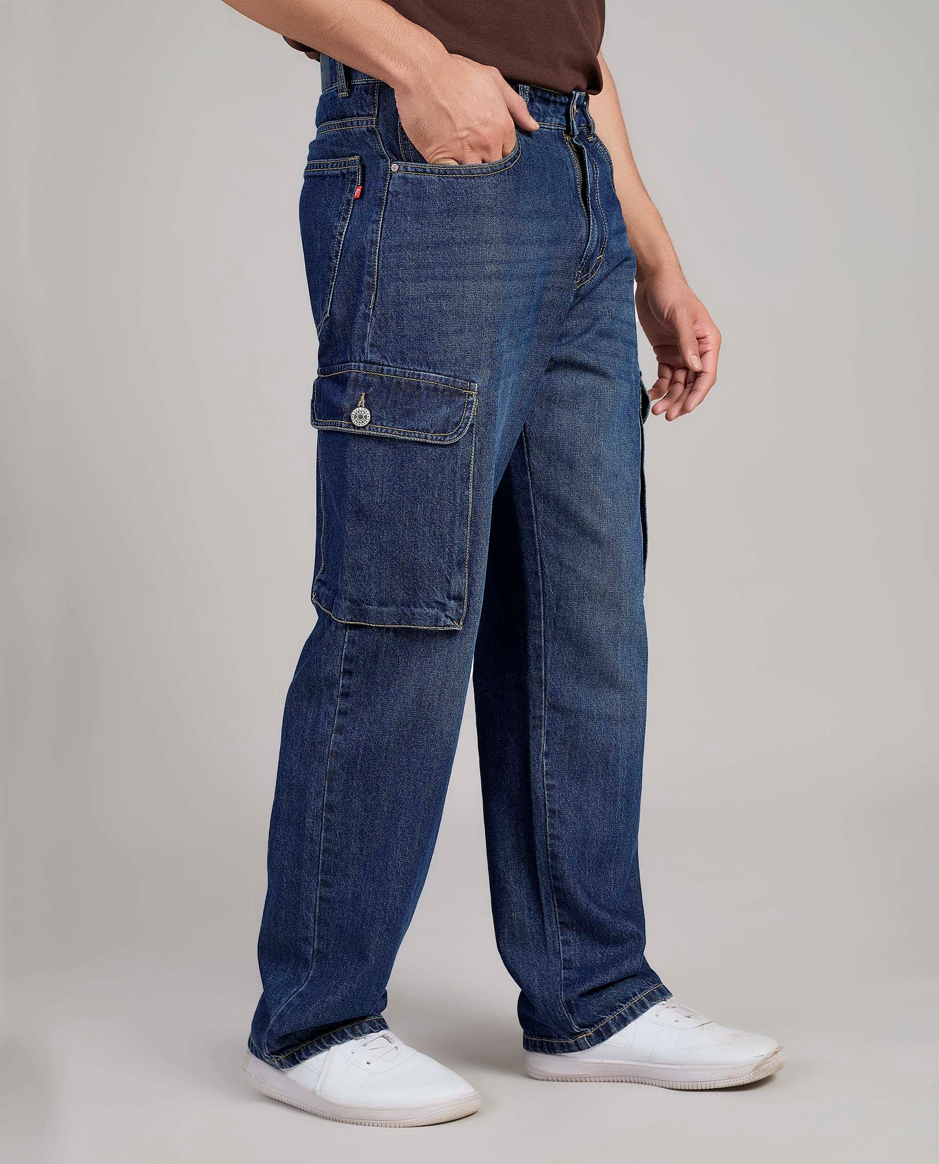 FS 054 CARGO Flying Shark Loose Fit Denim Cargo Jeans – Dark Blue