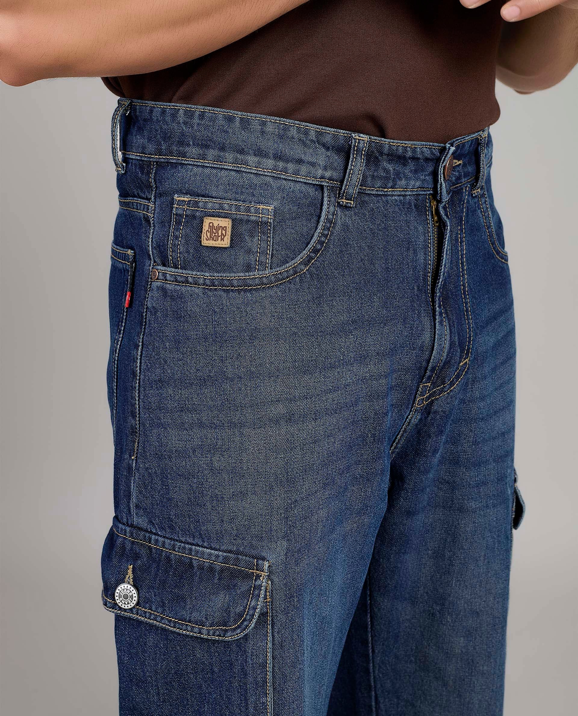FS 054 CARGO Flying Shark Loose Fit Denim Cargo Jeans – Dark Blue