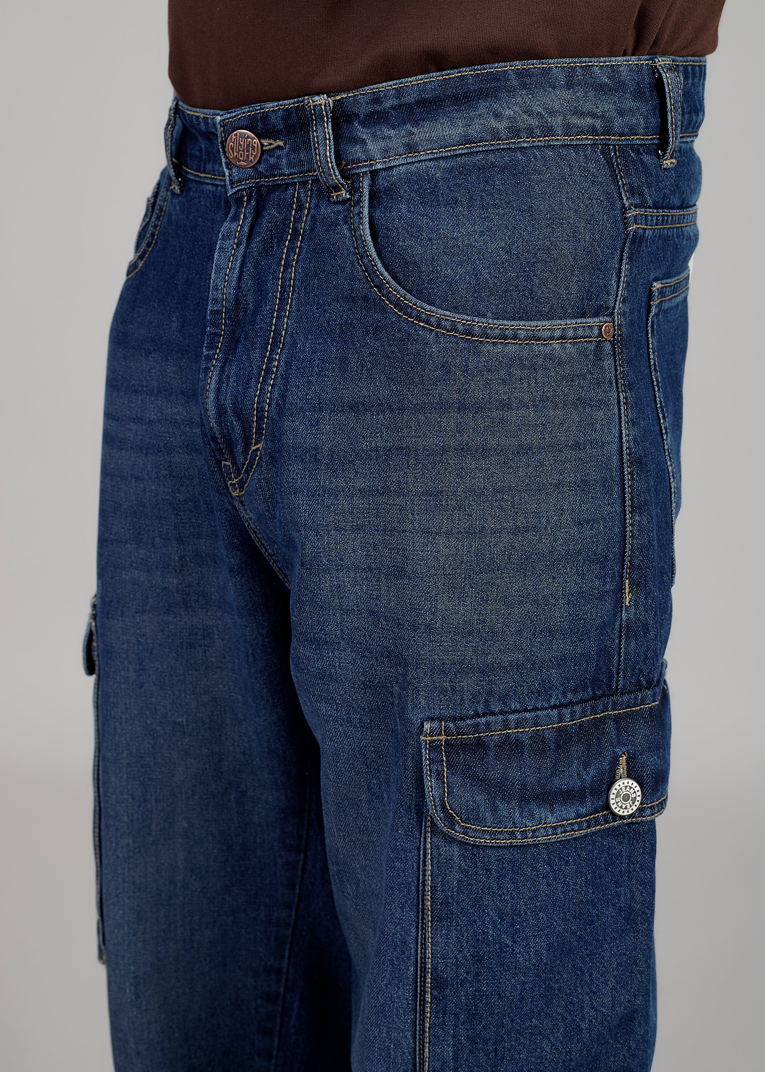 FS 054 CARGO Flying Shark Loose Fit Denim Cargo Jeans – Dark Blue