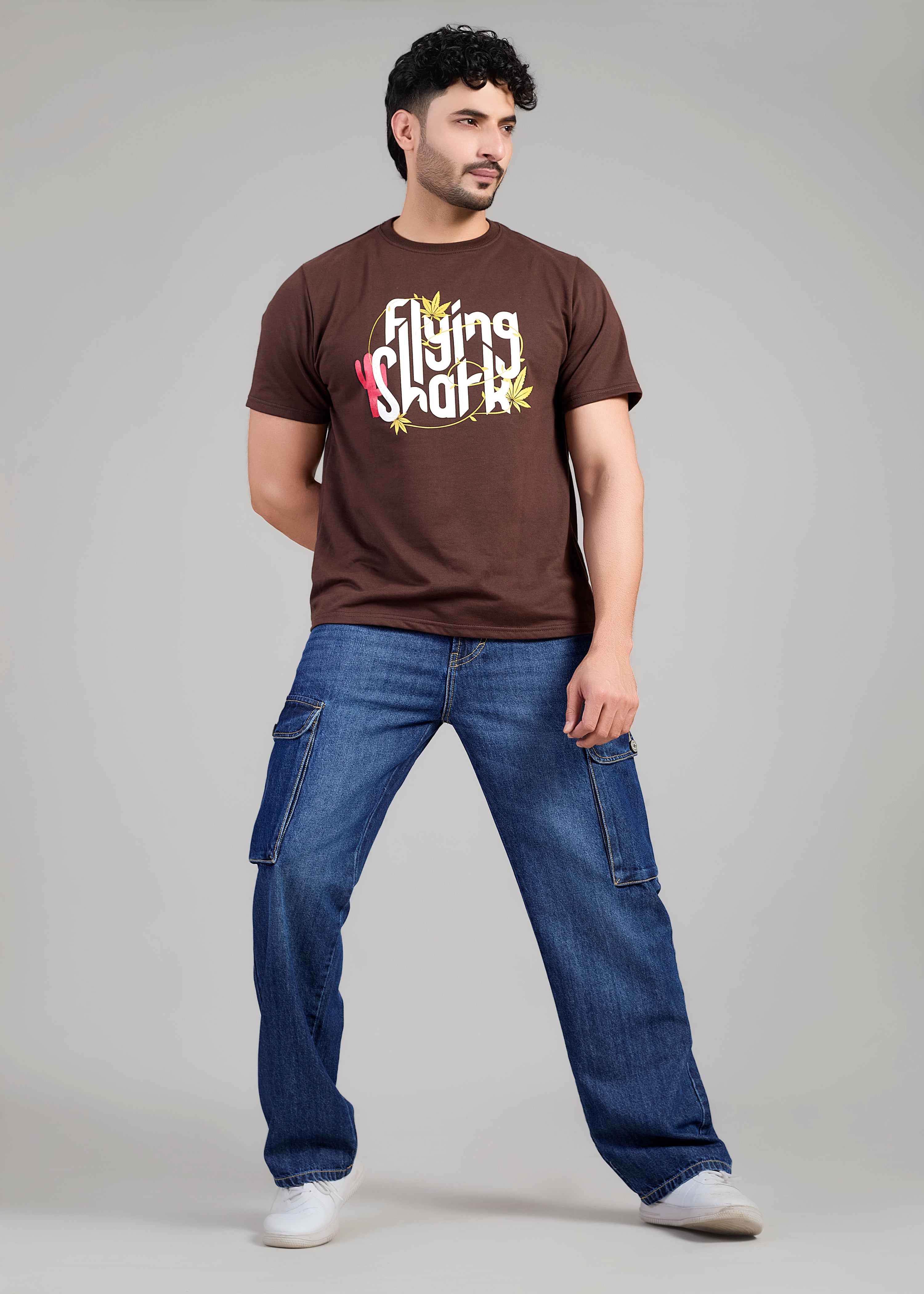 Flying Shark Loose Fit Denim Cargo Jeans – Medium Blue