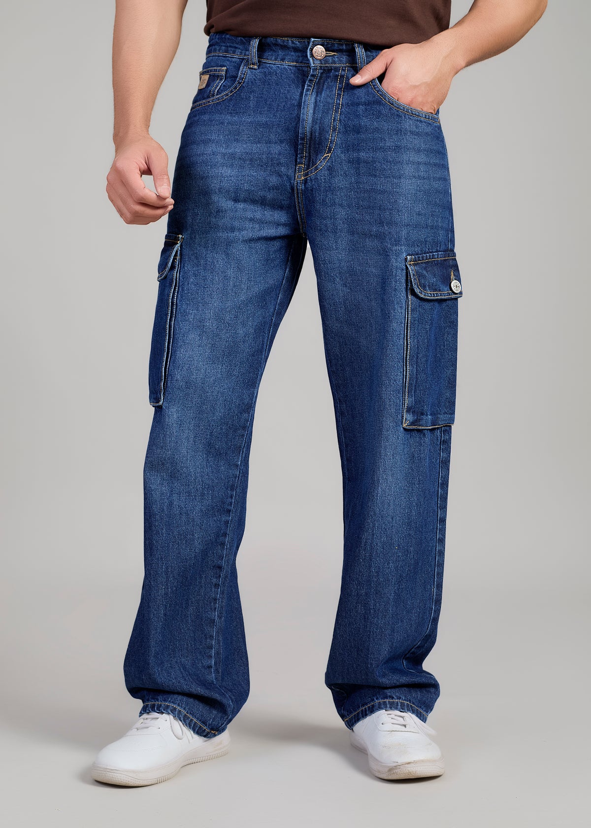 Flying Shark Loose Fit Denim Cargo Jeans – Medium Blue