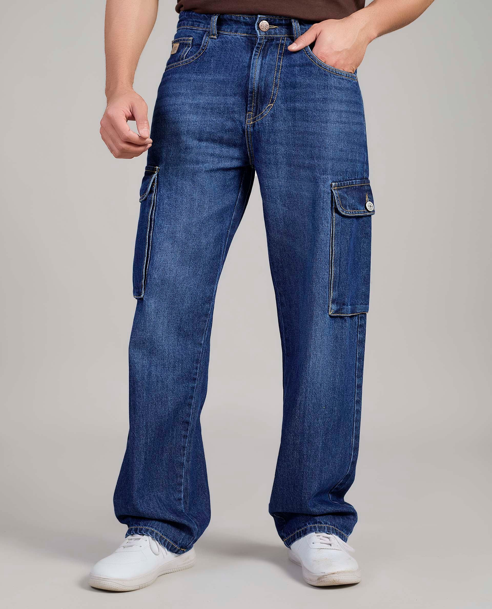 Loose Fit Denim Cargo Jeans – Medium Blue