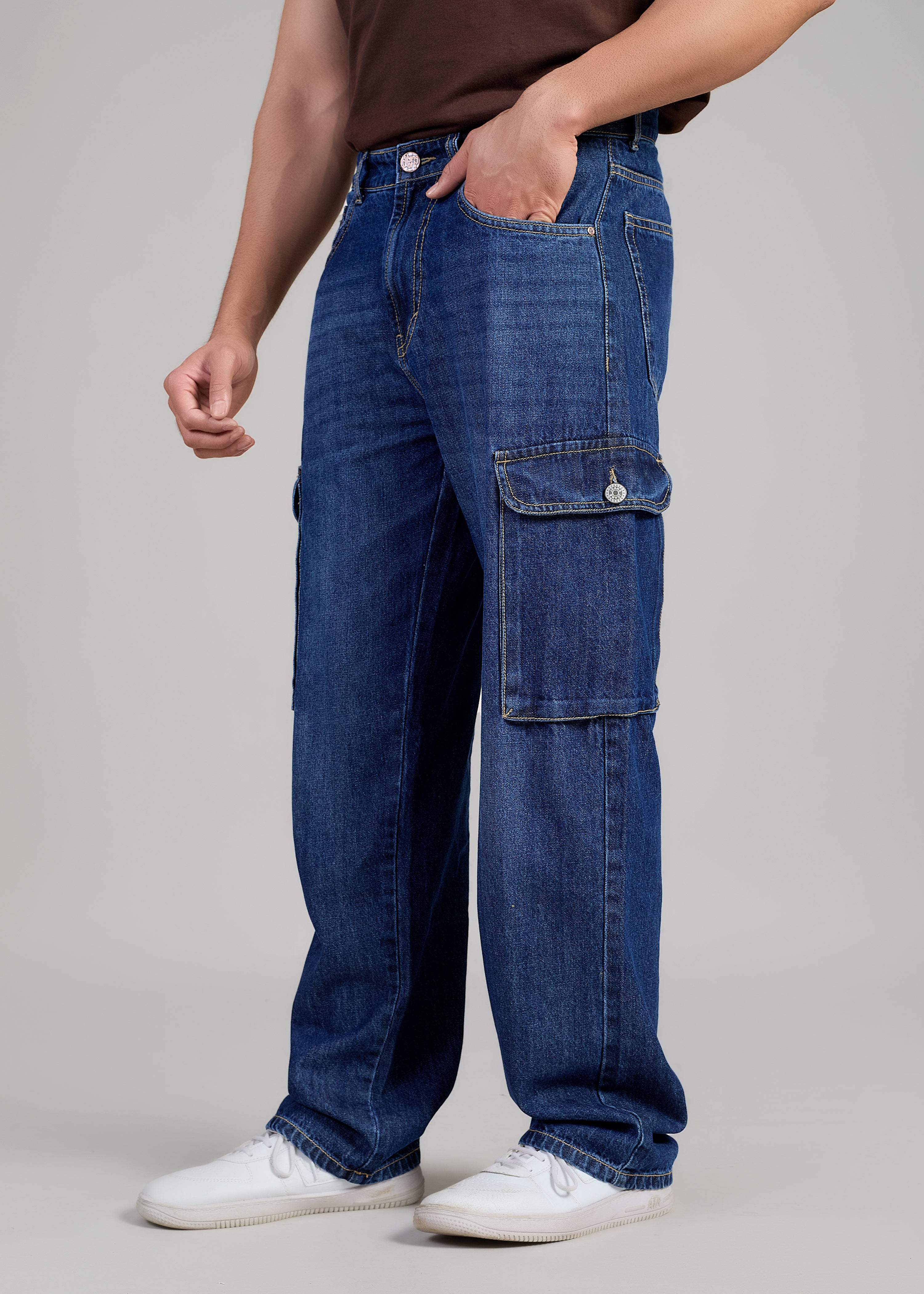Flying Shark Loose Fit Denim Cargo Jeans – Medium Blue