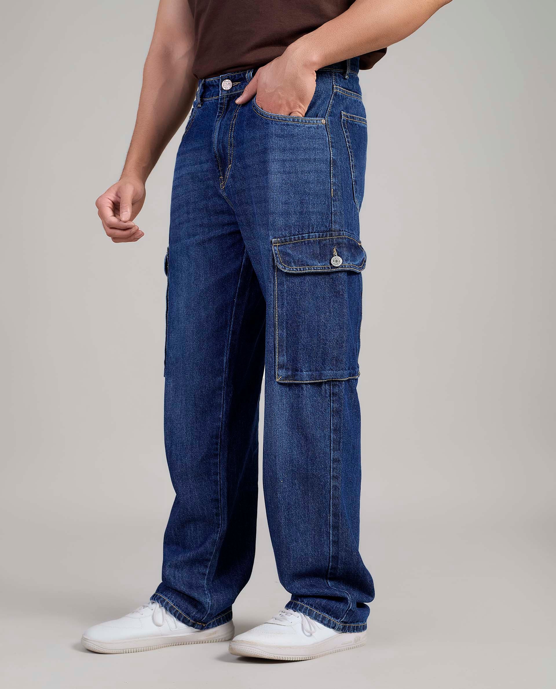 FS 054 Flying Shark Loose Fit Denim Cargo Jeans – Medium Blue