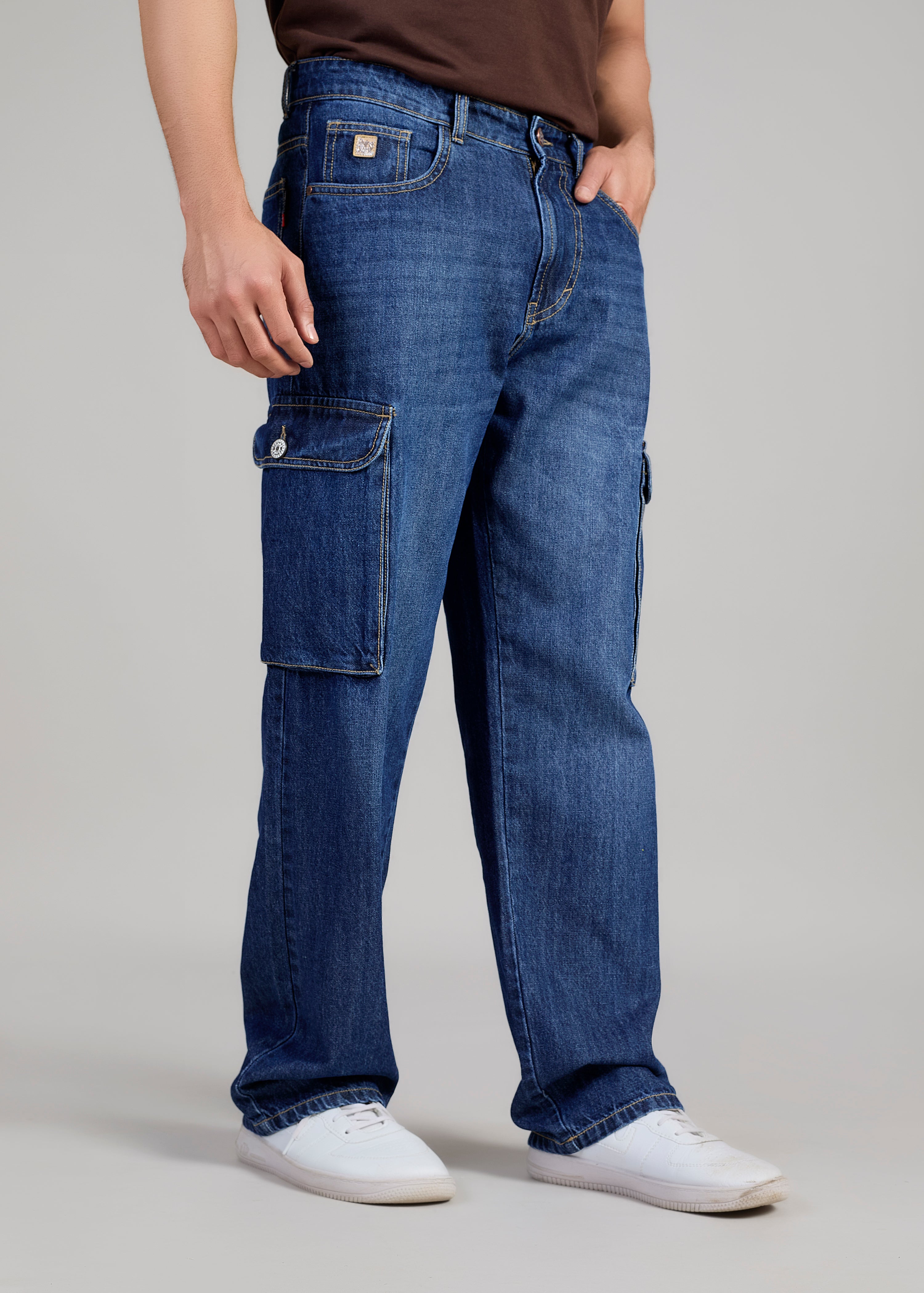 Flying Shark Loose Fit Denim Cargo Jeans – Medium Blue